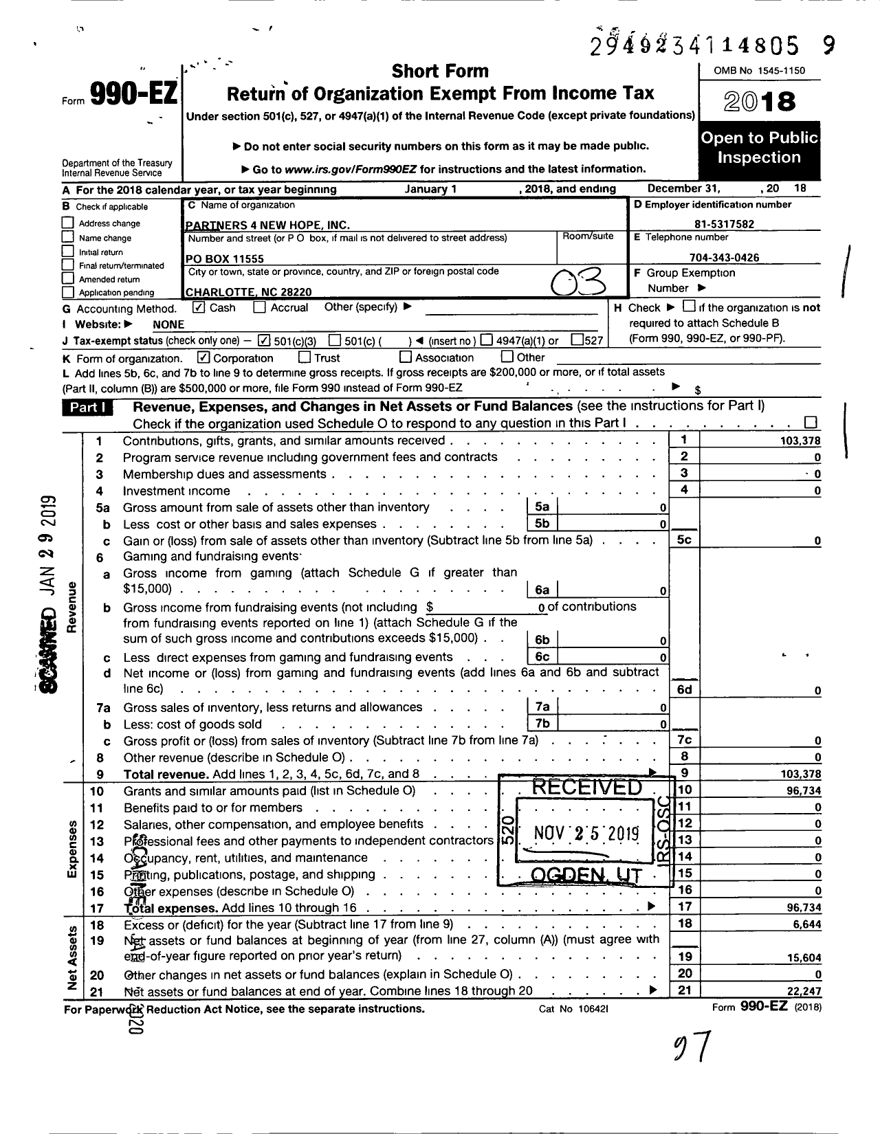 Image of first page of 2018 Form 990EZ for Partners 4 New Hope