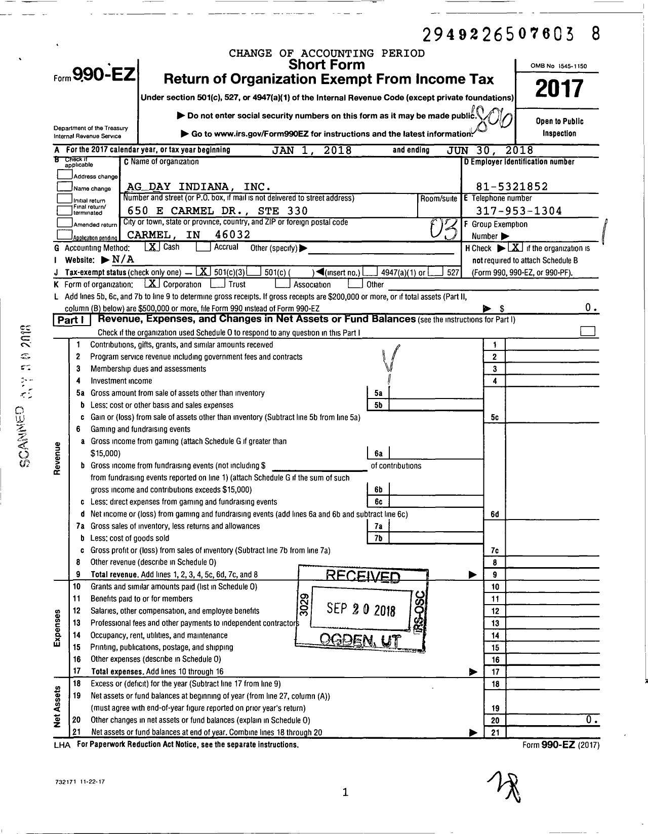 Image of first page of 2017 Form 990EZ for Ag Day Indiana