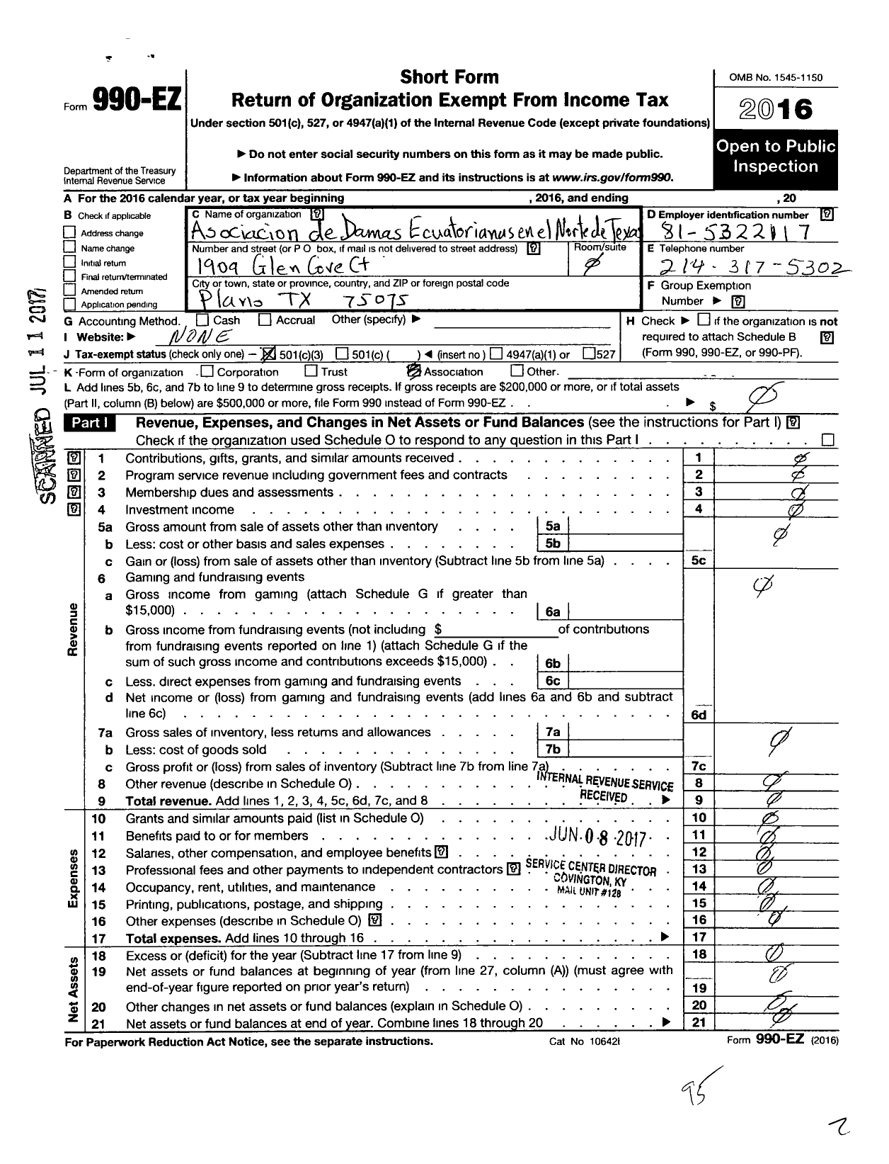 Image of first page of 2016 Form 990EZ for Asociacion de Damas Ecuatorianas En El Norte Texas