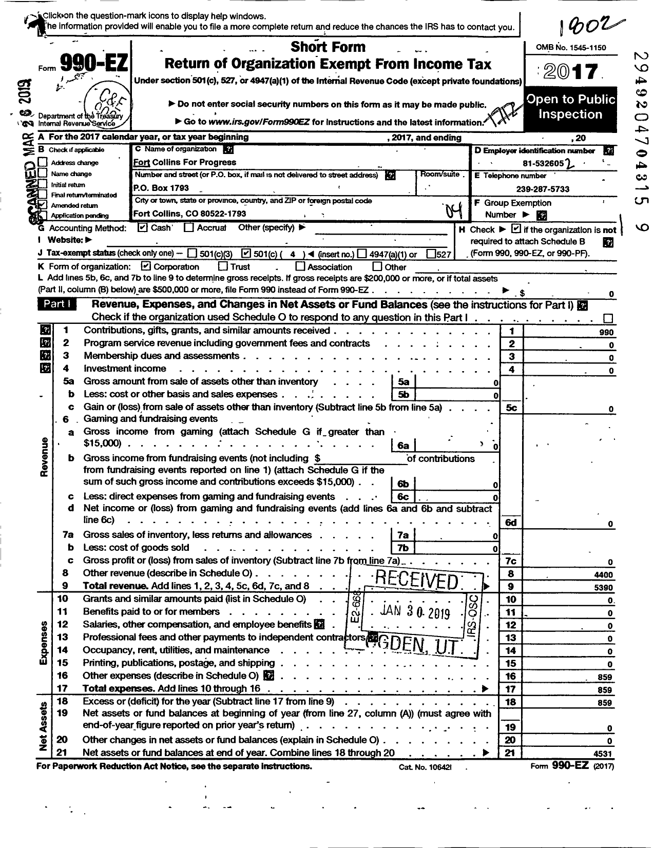 Image of first page of 2017 Form 990EO for Fort Collins for Progress