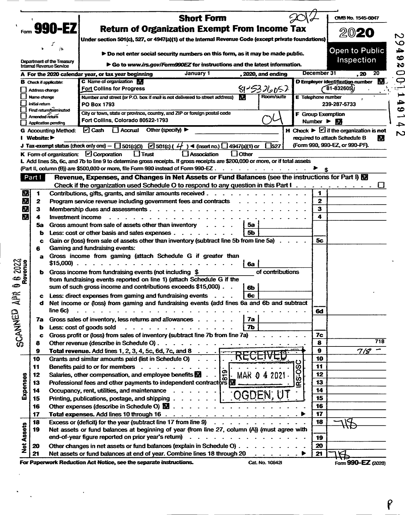 Image of first page of 2020 Form 990EO for Fort Collins for Progress