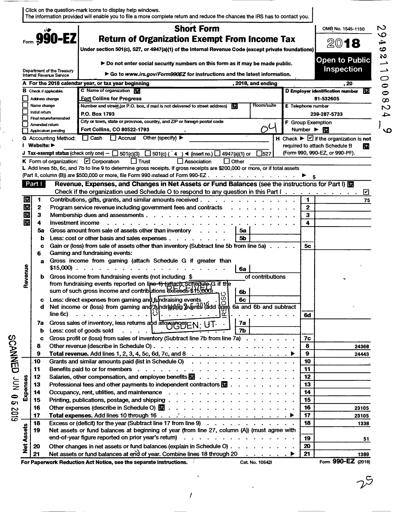 Image of first page of 2018 Form 990EO for Fort Collins for Progress