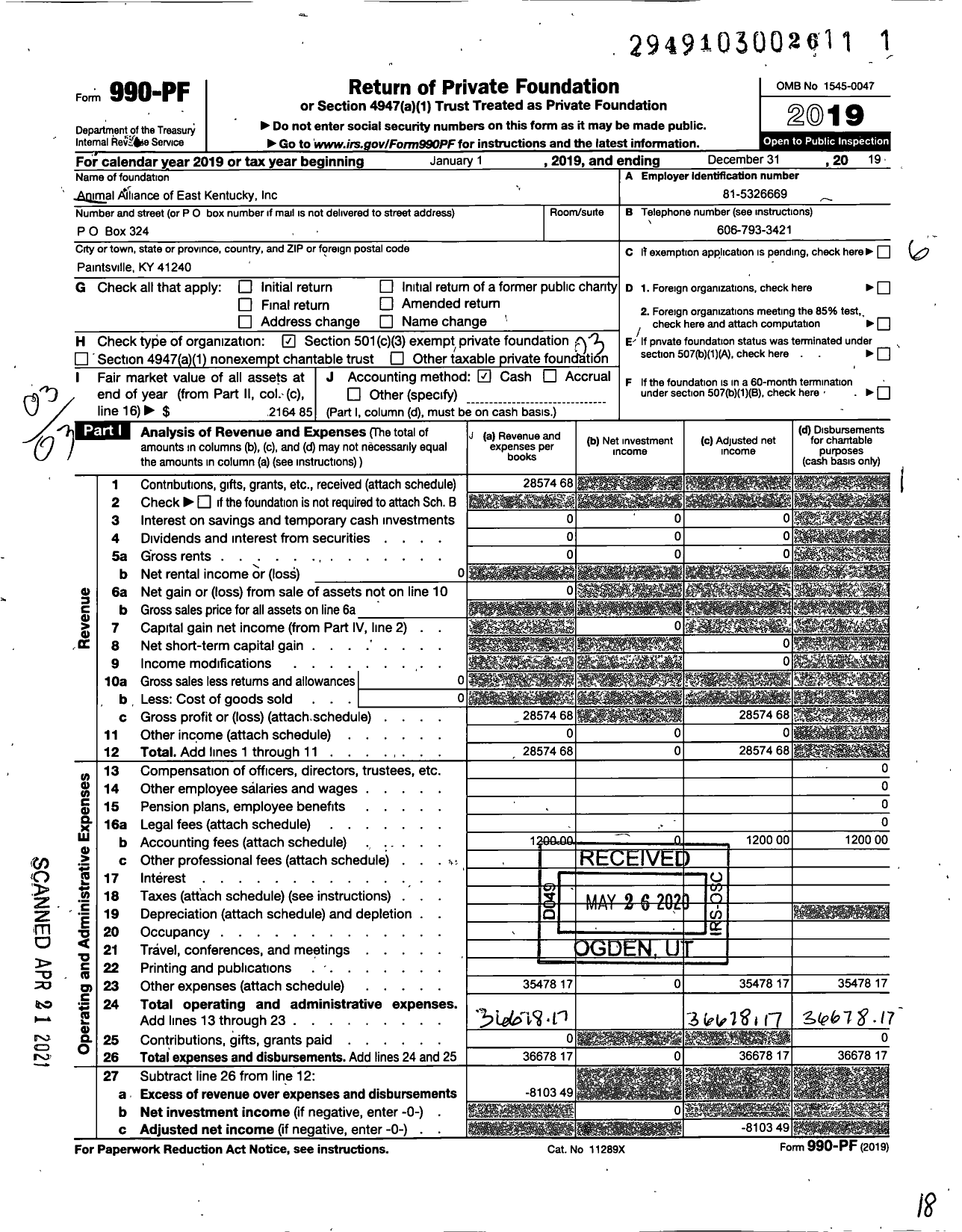 Image of first page of 2019 Form 990PF for Animal Alliance of East Kentucky