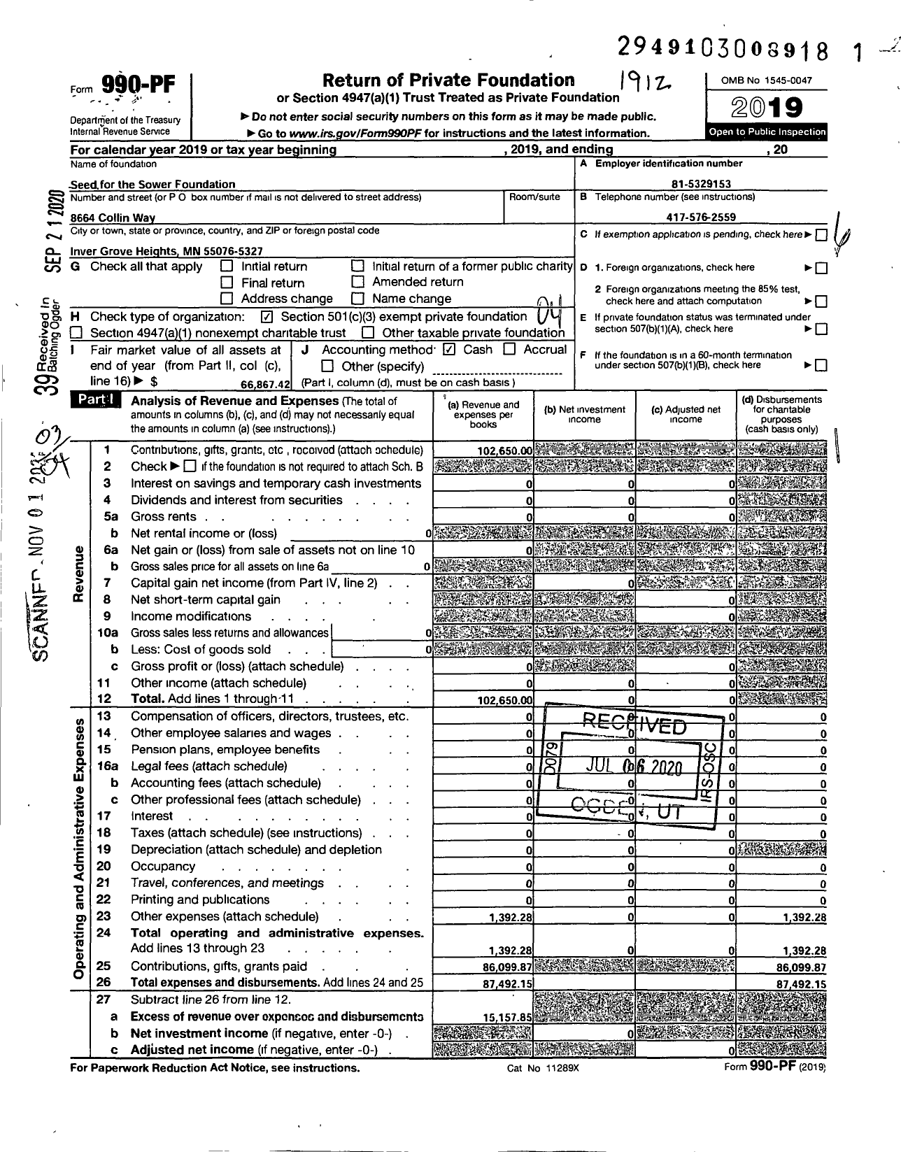 Image of first page of 2019 Form 990PF for Seed for the Sower Foundation