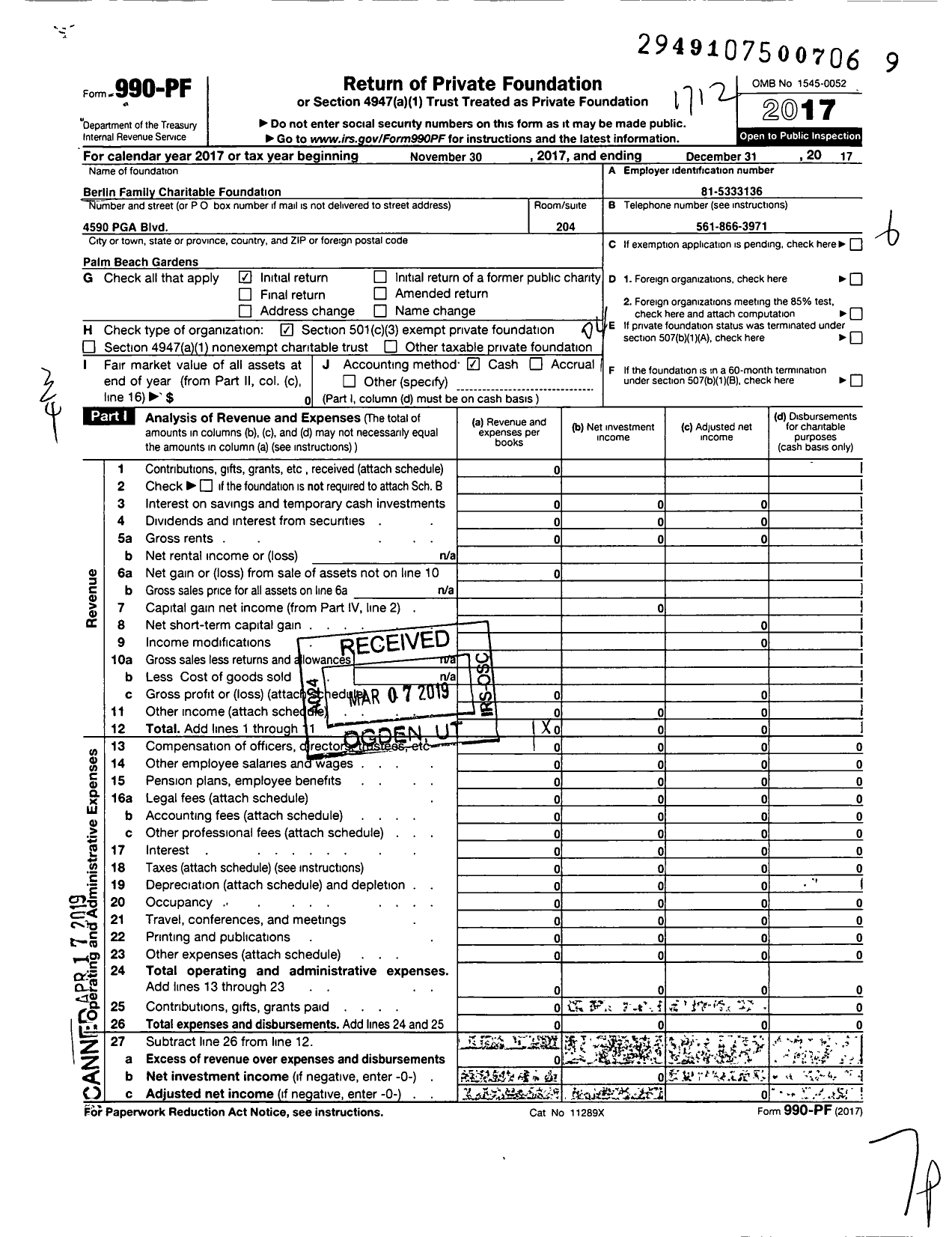 Image of first page of 2017 Form 990PF for Berlin Family Charitable Foundation