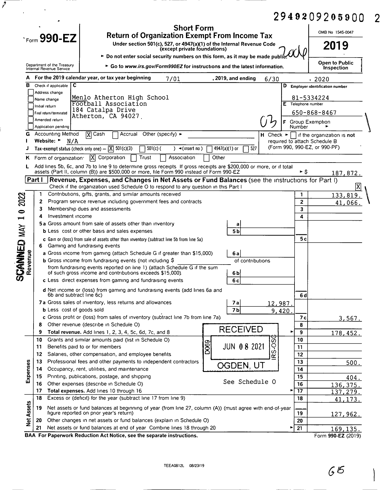 Image of first page of 2019 Form 990EZ for Menlo Atherton High School Football Association