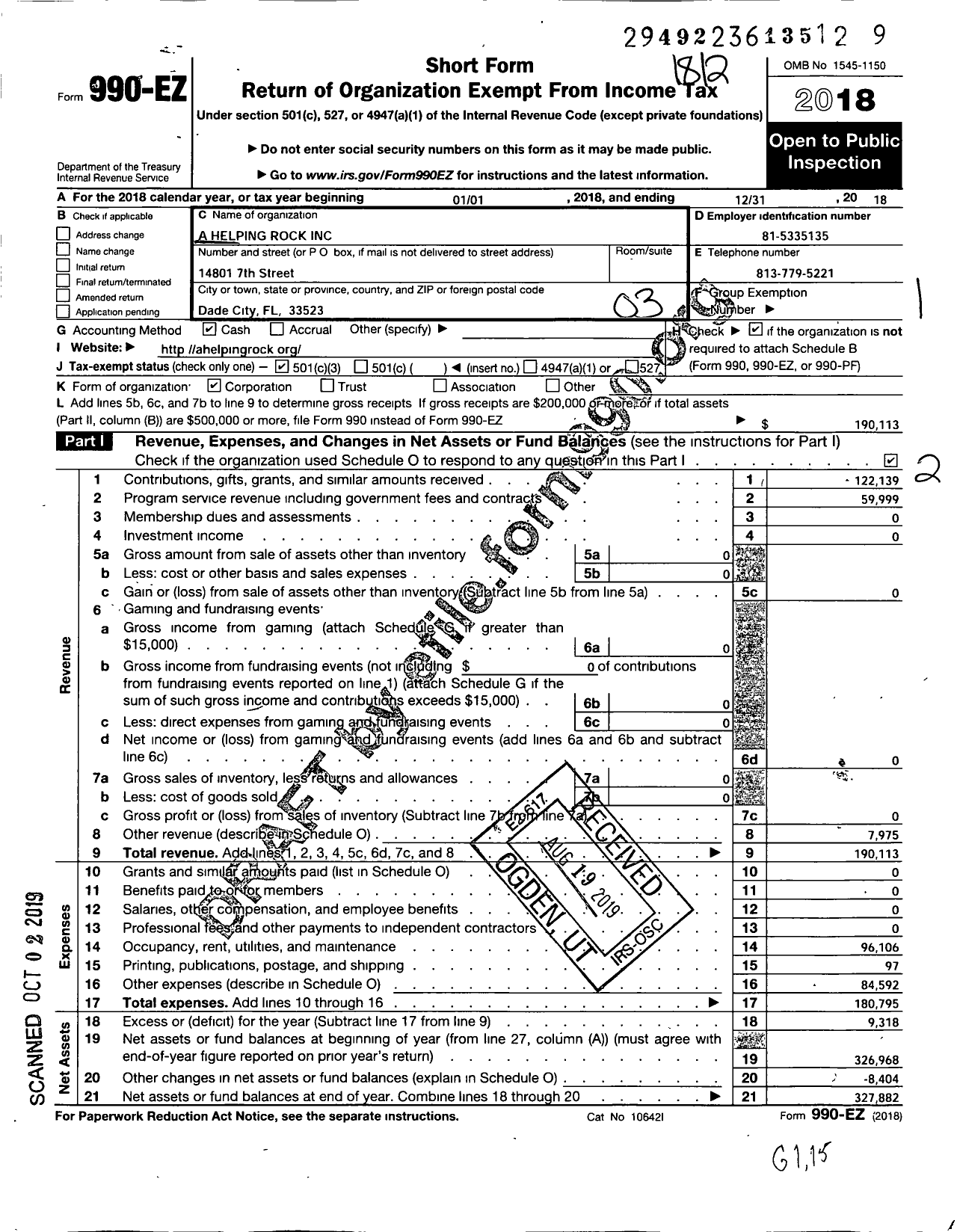 Image of first page of 2018 Form 990EZ for A Helping Rock