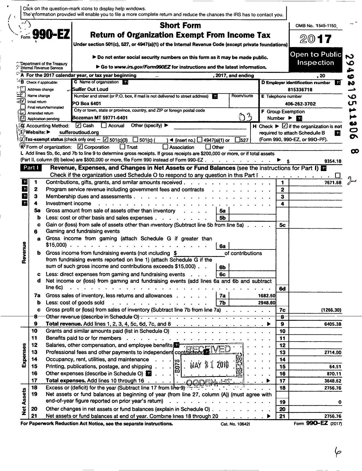 Image of first page of 2017 Form 990EZ for Suffer Out Loud