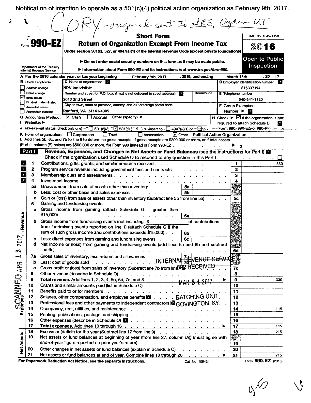 Image of first page of 2016 Form 990EO for NRV Indivisible