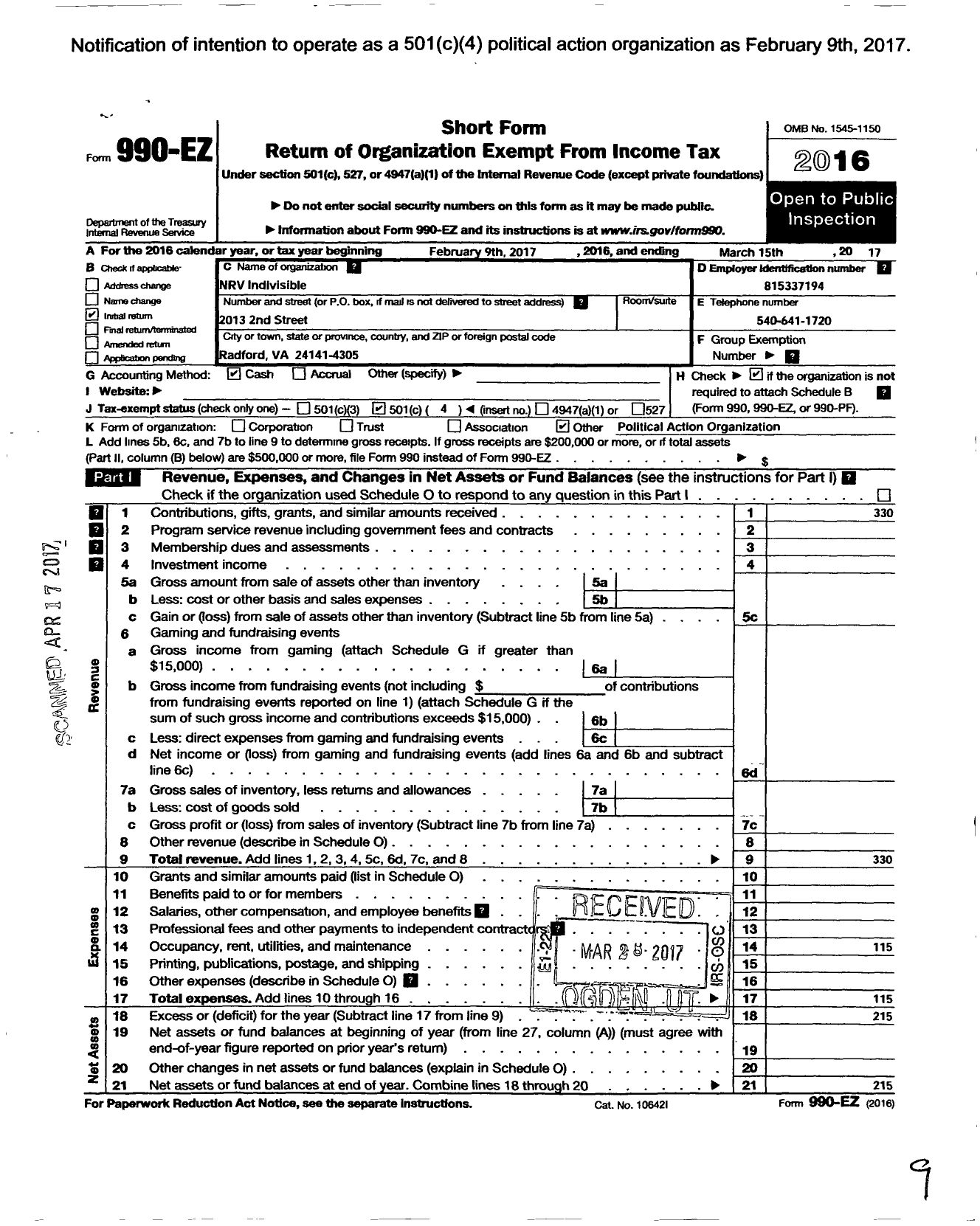 Image of first page of 2016 Form 990EO for NRV Indivisible