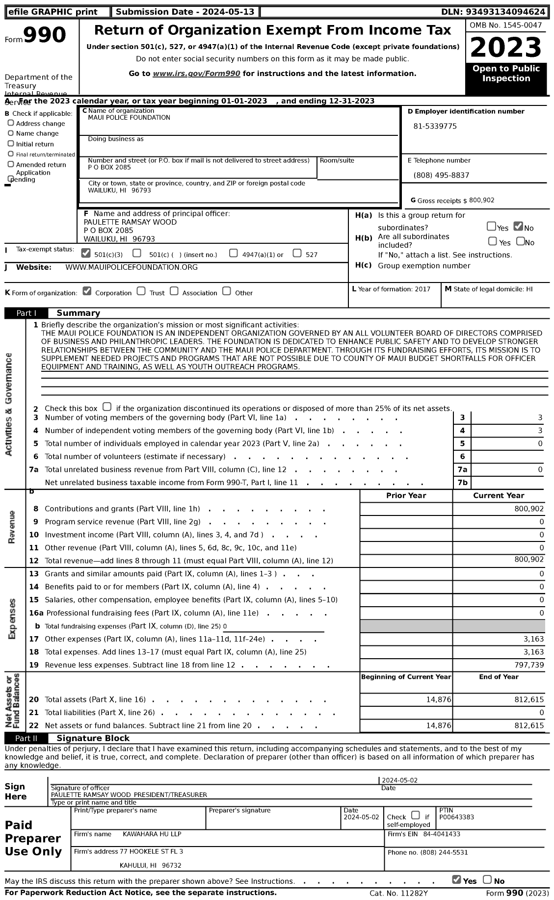 Image of first page of 2023 Form 990 for Maui Police Foundation