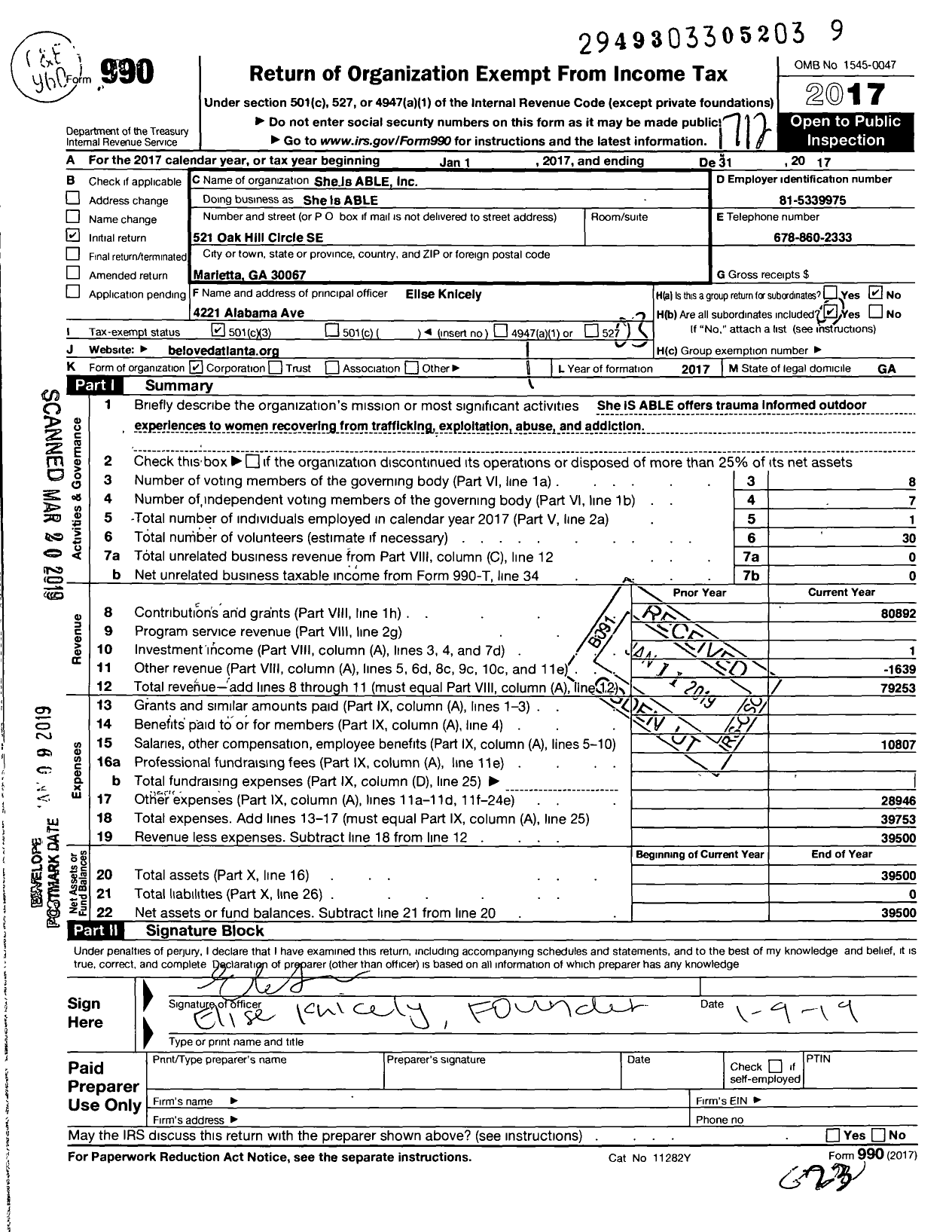 Image of first page of 2017 Form 990 for She Is Able