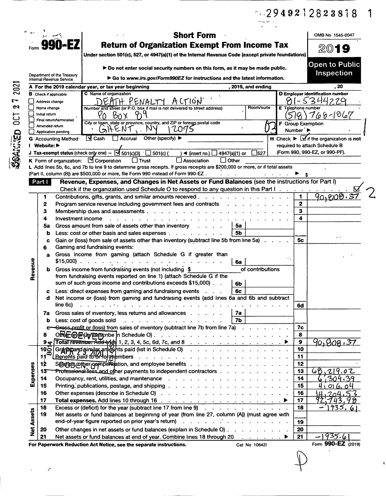 Image of first page of 2019 Form 990EZ for Death Penalty Action