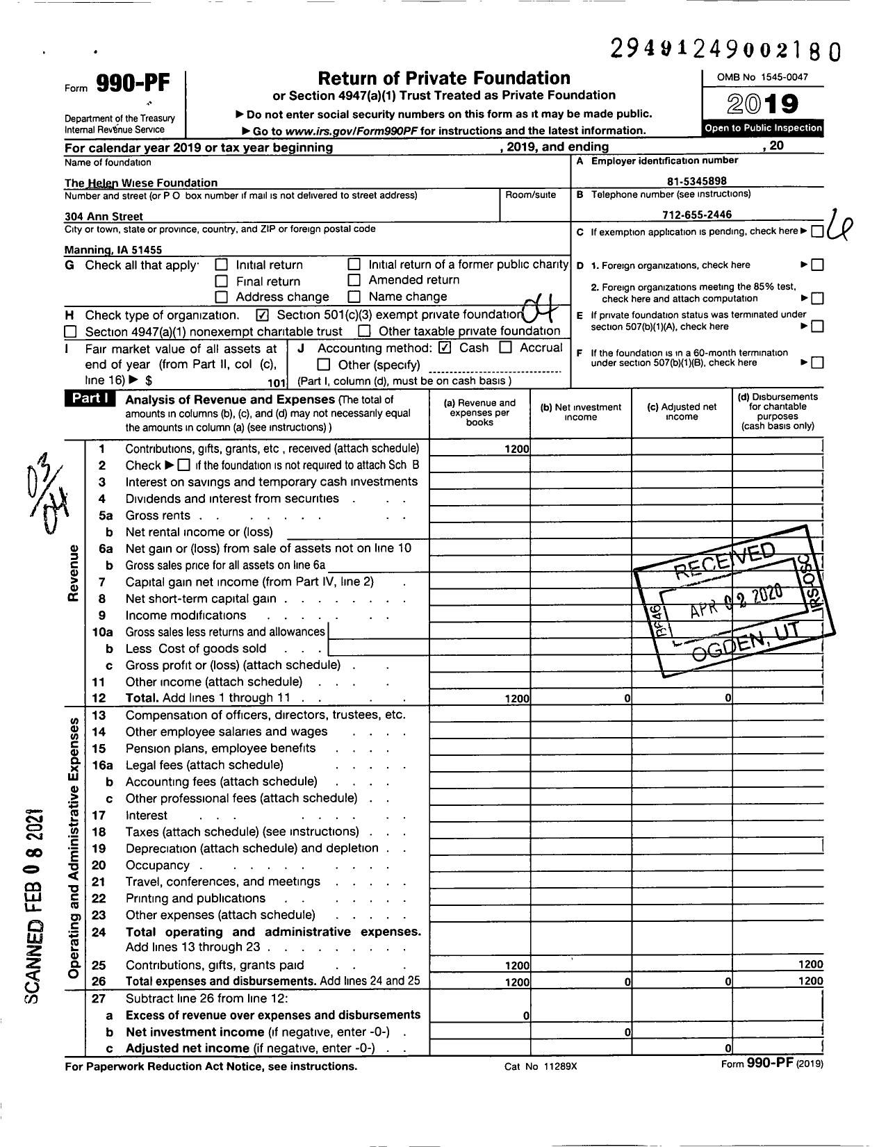 Image of first page of 2019 Form 990PF for The Helen Wiese Foundation