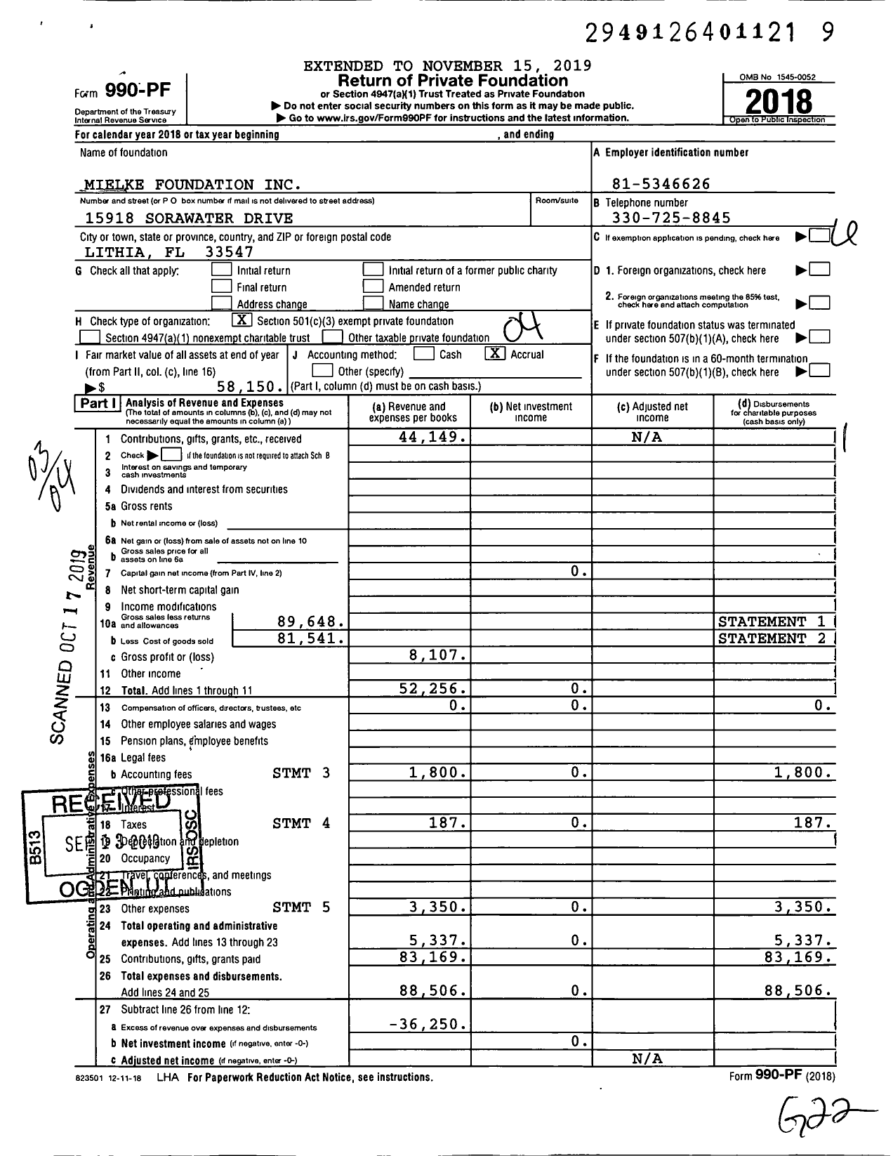 Image of first page of 2018 Form 990PF for Mielke Foundation