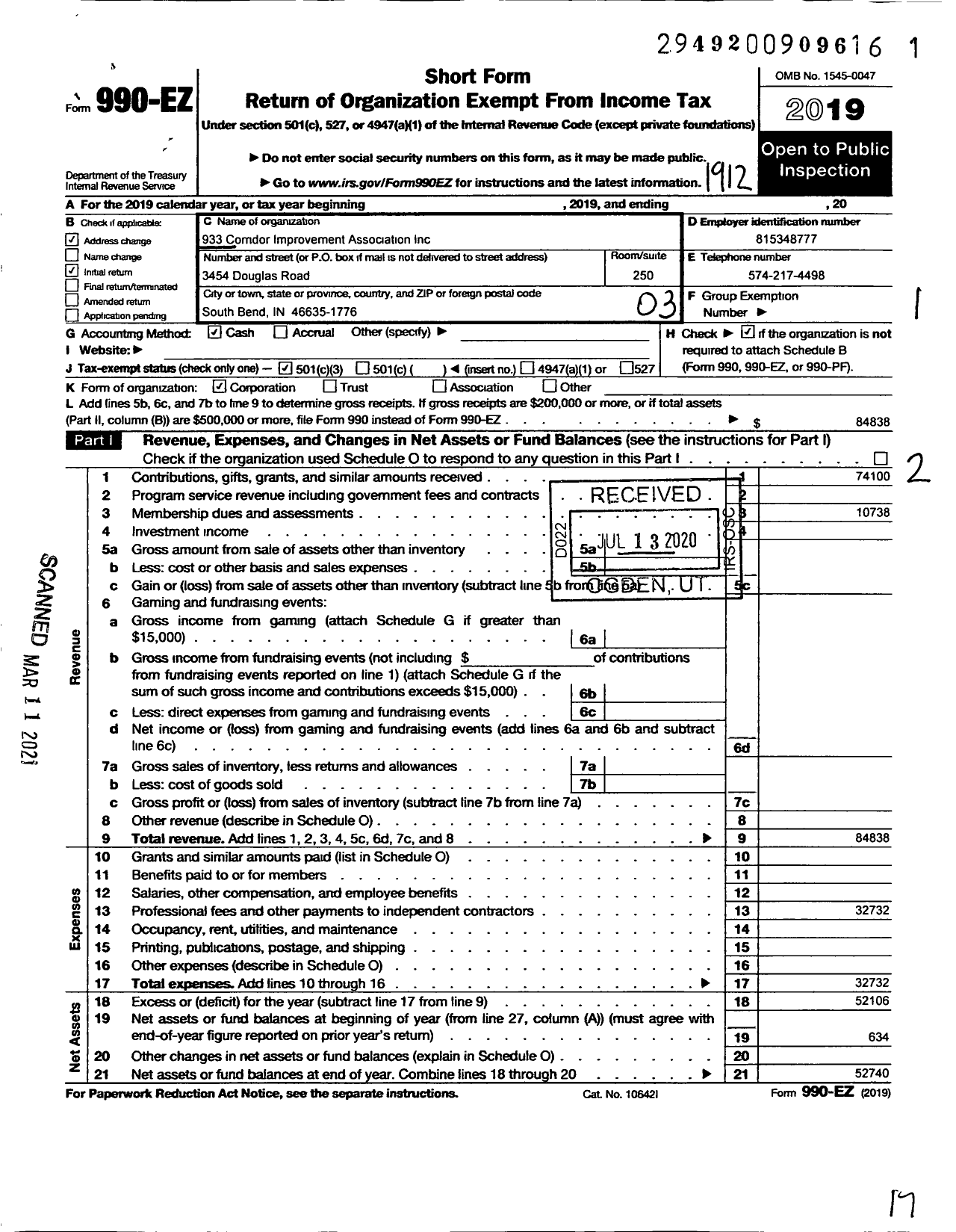 Image of first page of 2019 Form 990EZ for 933 Corridor Improvement Association