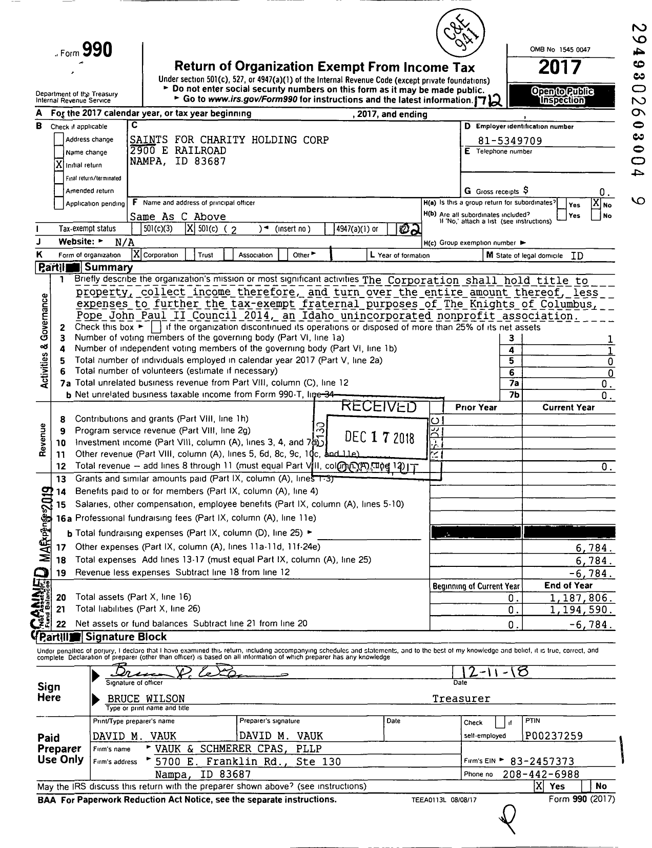 Image of first page of 2017 Form 990O for Saints for Charity Holding Corporation