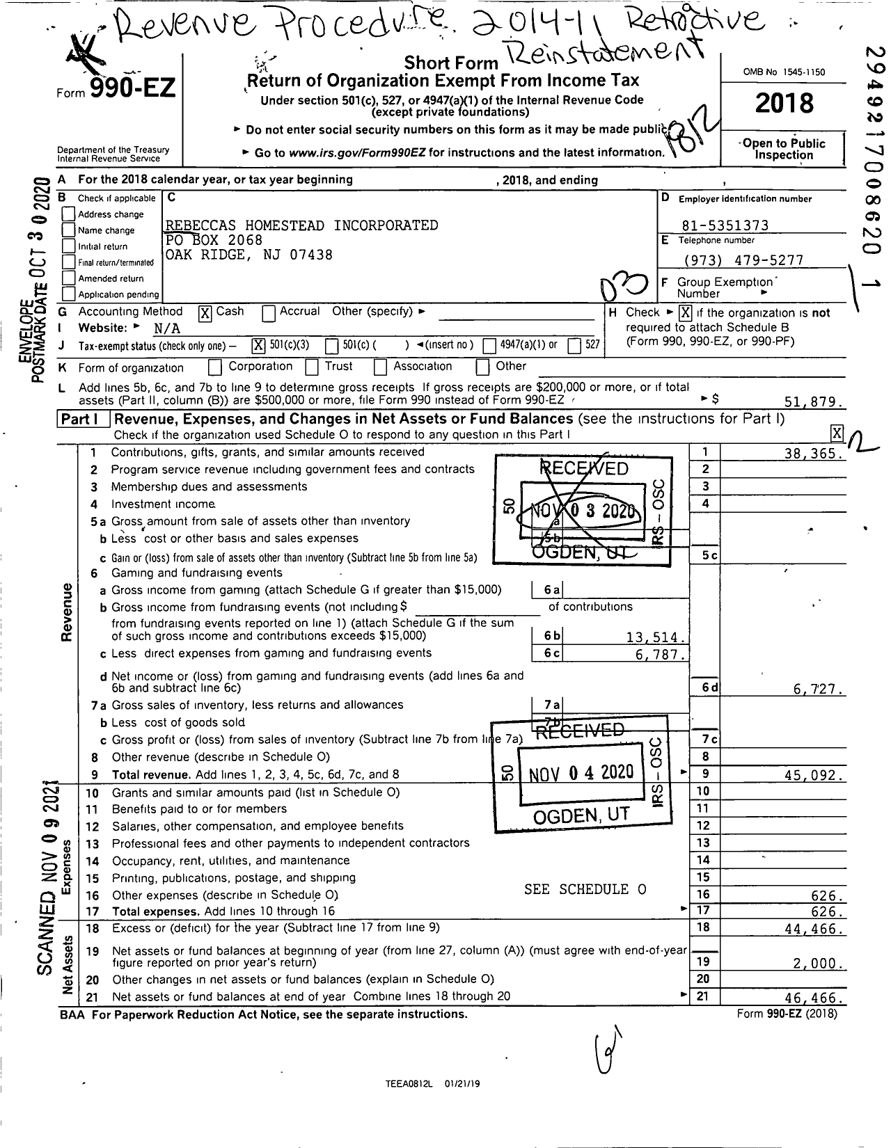 Image of first page of 2018 Form 990EZ for Rebeccas Homestead Incorporated