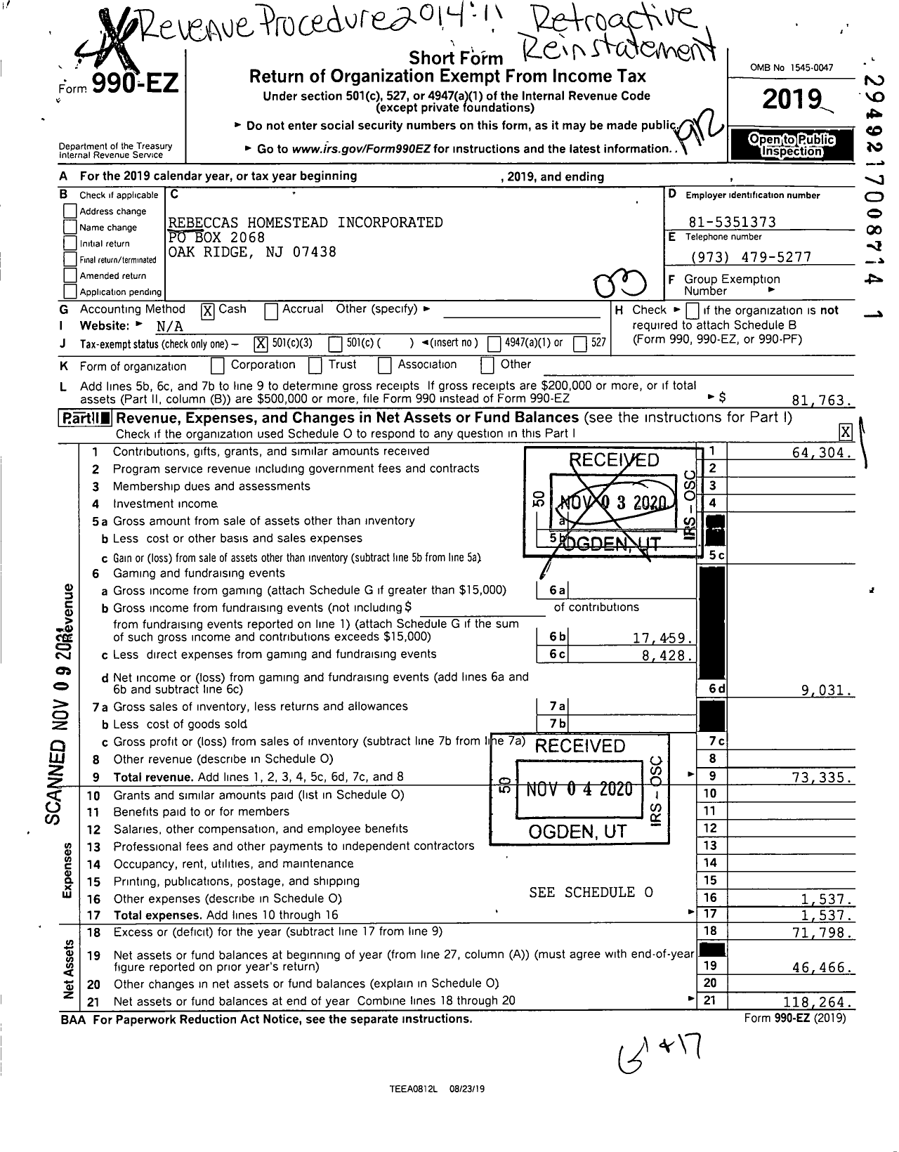 Image of first page of 2019 Form 990EZ for Rebeccas Homestead Incorporated