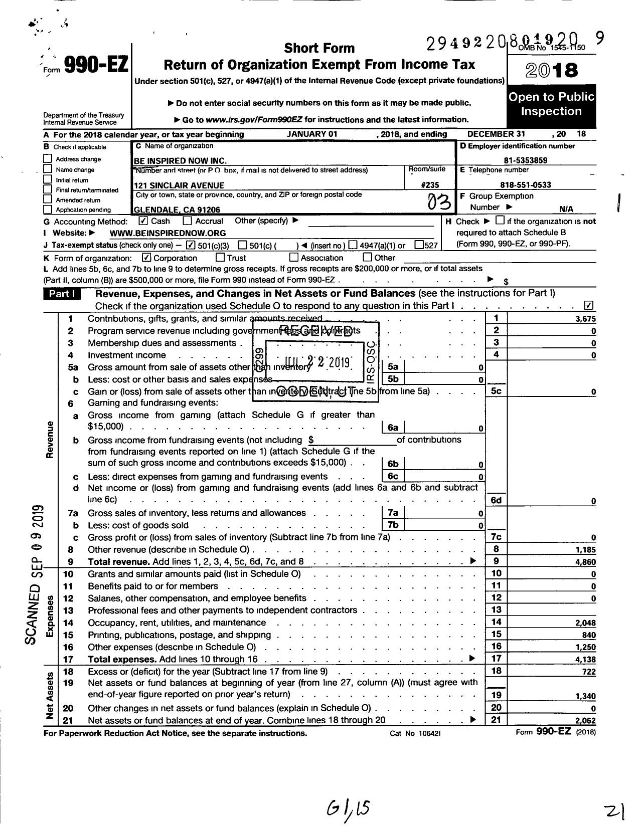 Image of first page of 2018 Form 990EZ for Be Inspired Now