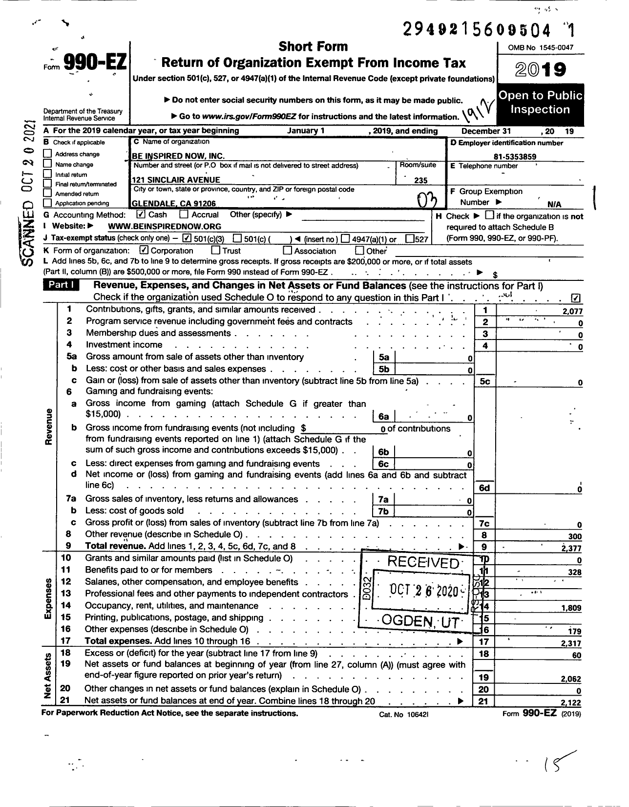 Image of first page of 2019 Form 990EZ for Be Inspired Now