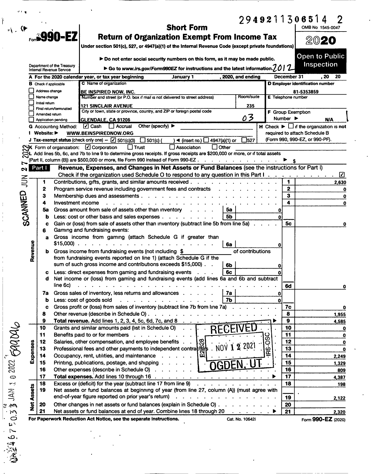 Image of first page of 2020 Form 990EZ for Be Inspired Now