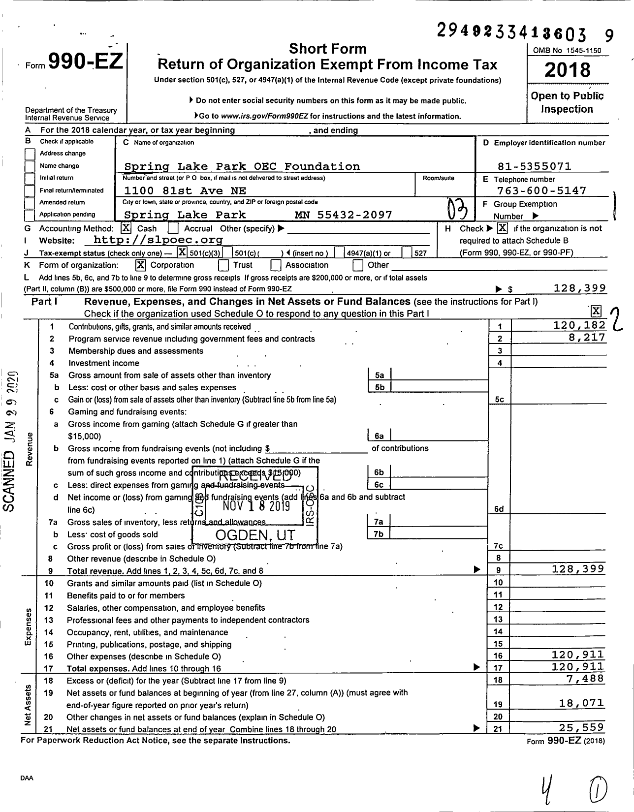 Image of first page of 2018 Form 990EZ for Spring Lake Park Oec Foundation