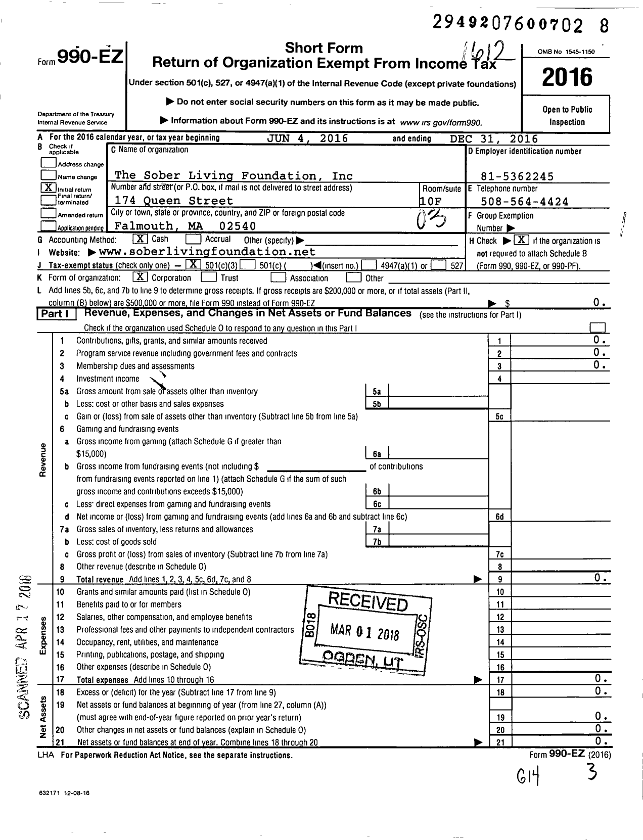 Image of first page of 2016 Form 990EZ for The Sober Living Foundation