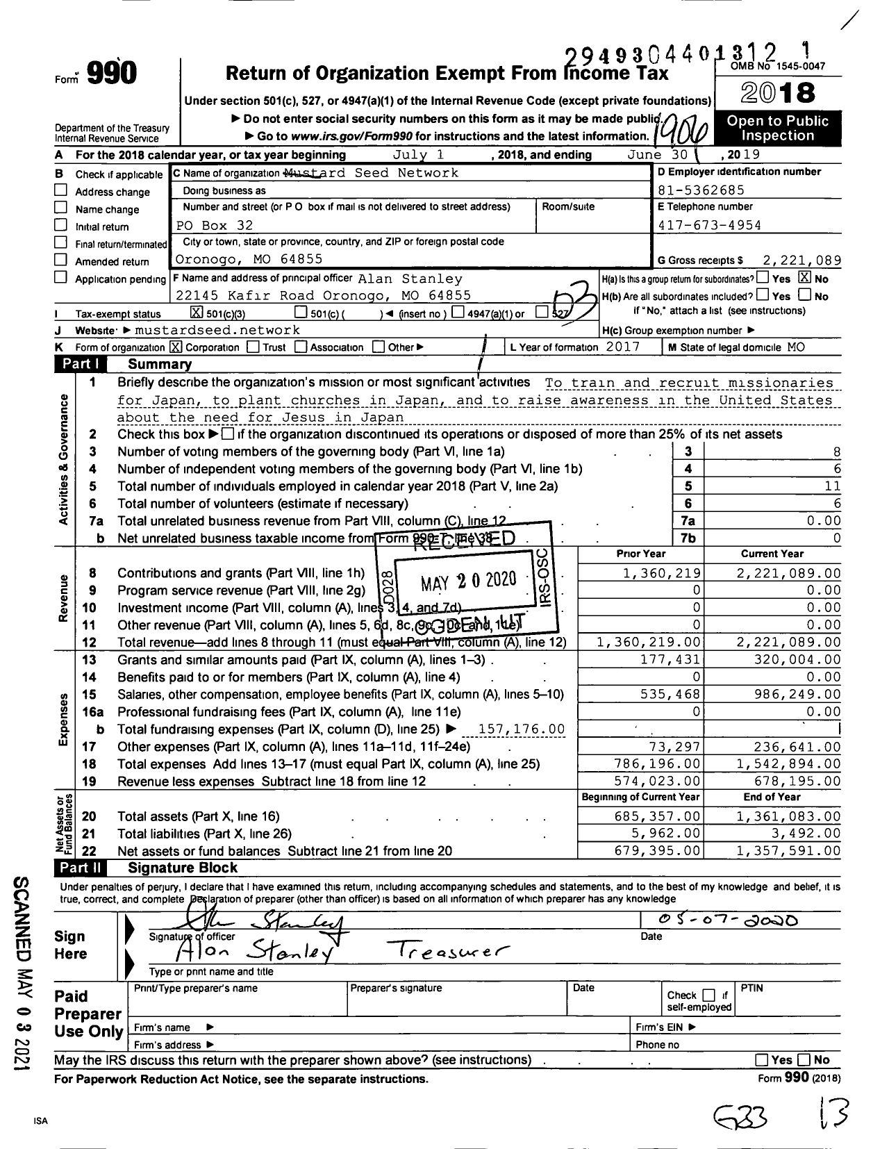 Image of first page of 2018 Form 990 for Mustard Seed Network