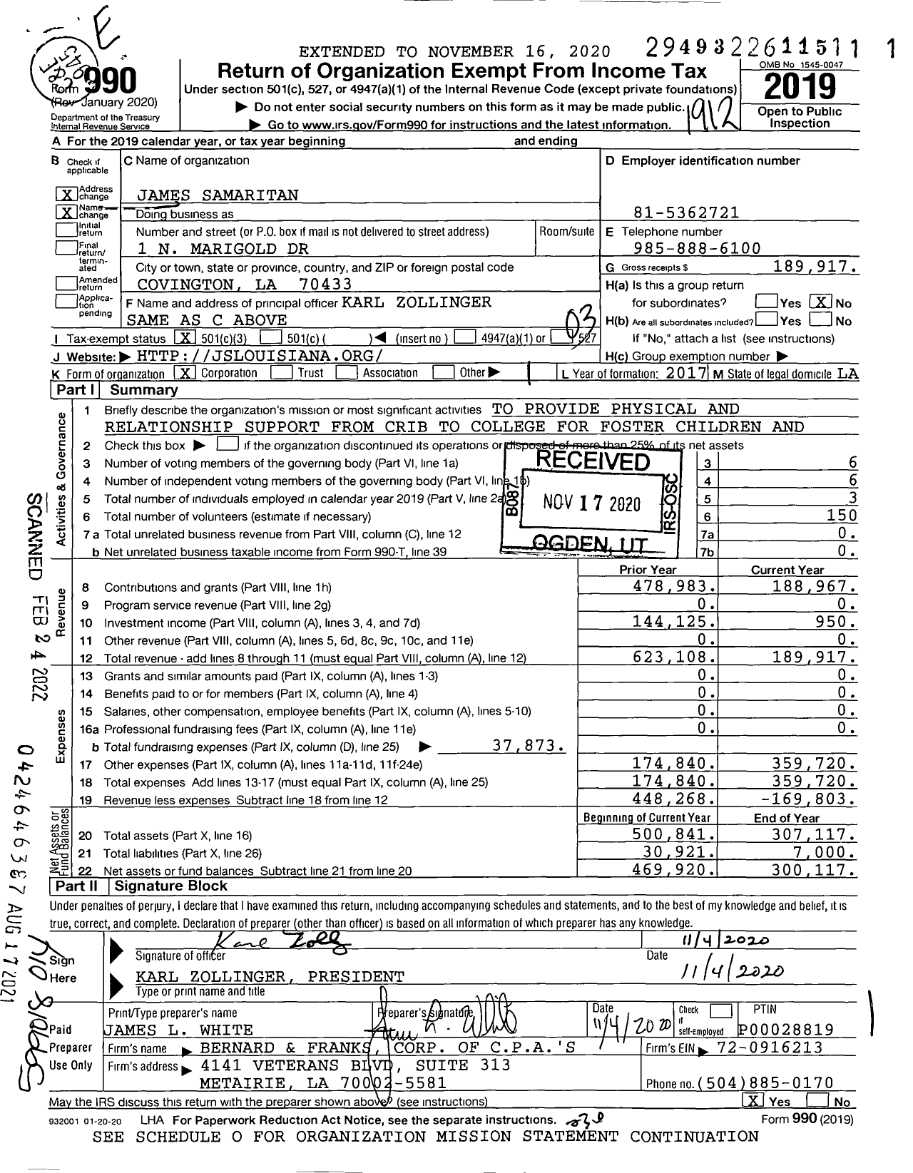 Image of first page of 2019 Form 990 for James Samaritan
