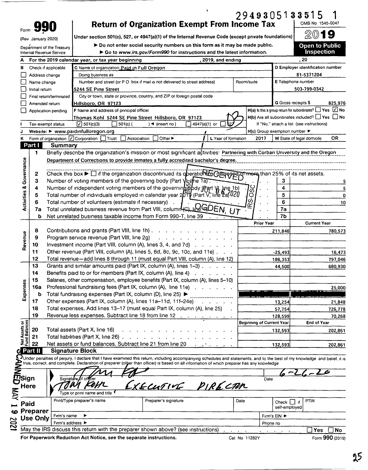 Image of first page of 2019 Form 990 for Paid in Full Oregon