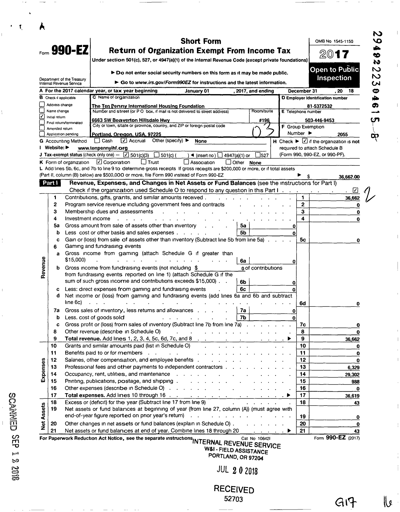 Image of first page of 2018 Form 990EZ for Ten Penny International Housing Foundation