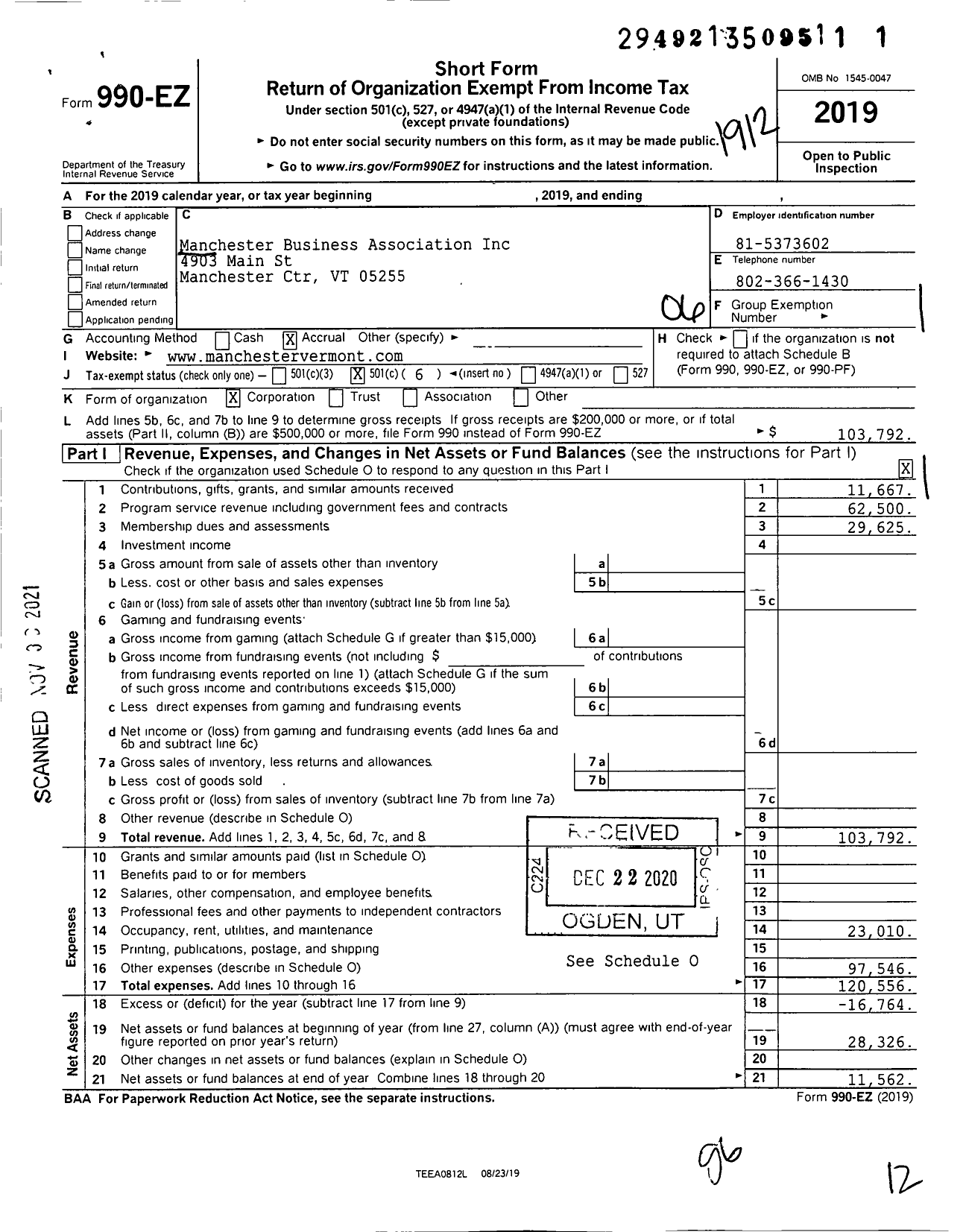 Image of first page of 2019 Form 990EO for Manchester Business Association