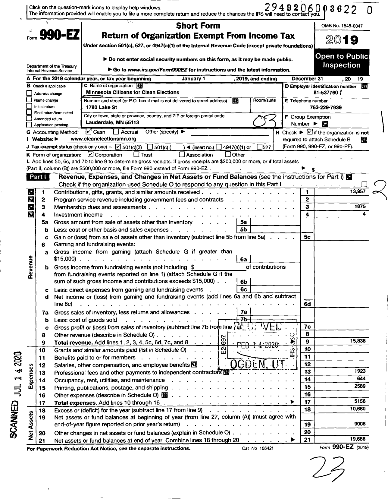 Image of first page of 2019 Form 990EZ for Clean Elections Minnesota