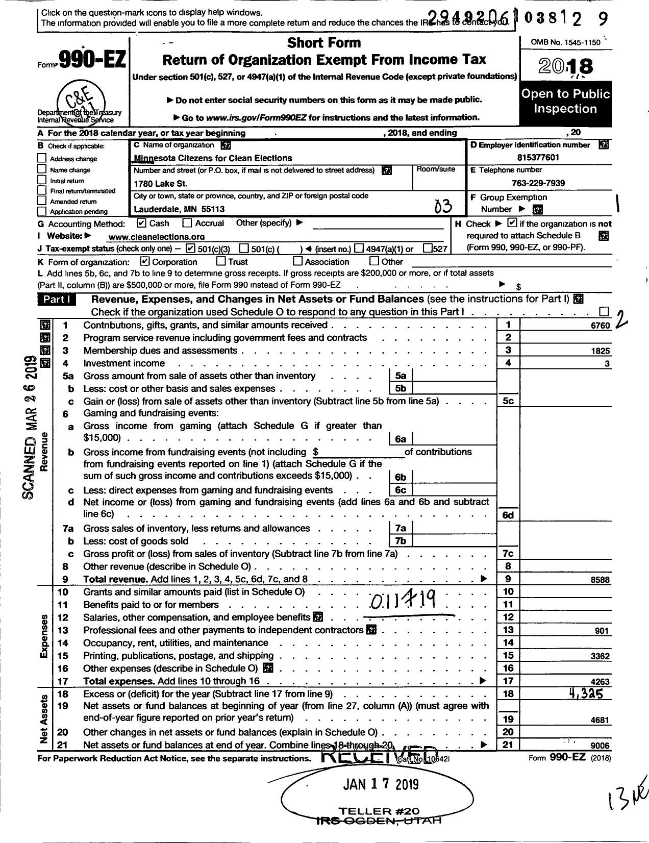 Image of first page of 2018 Form 990EZ for Clean Elections Minnesota