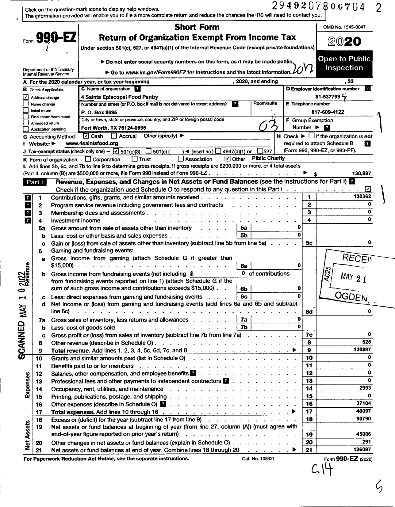 Image of first page of 2020 Form 990EZ for 4 Saints Episcopal Food Pantry