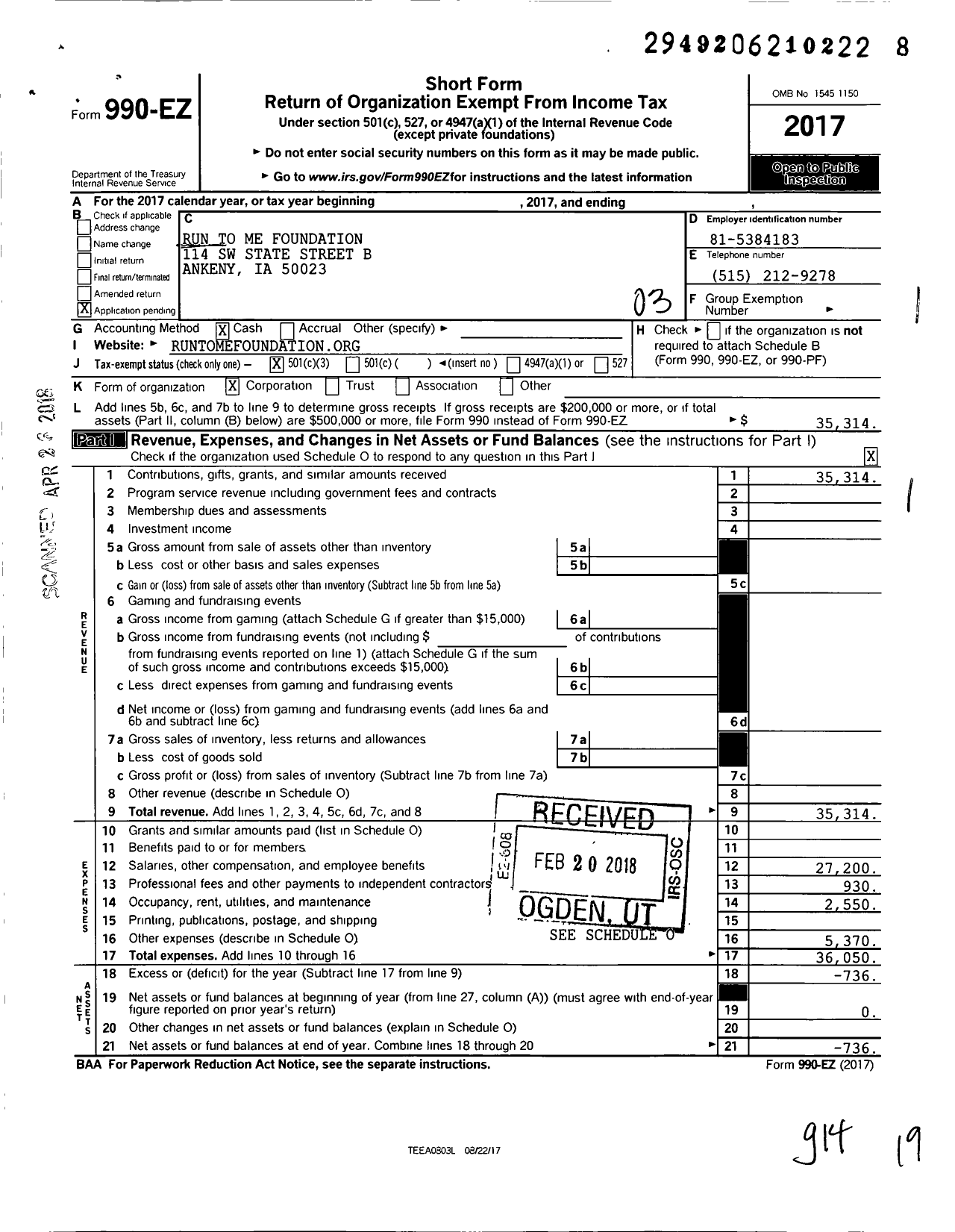 Image of first page of 2017 Form 990EZ for Run To Me Foundation