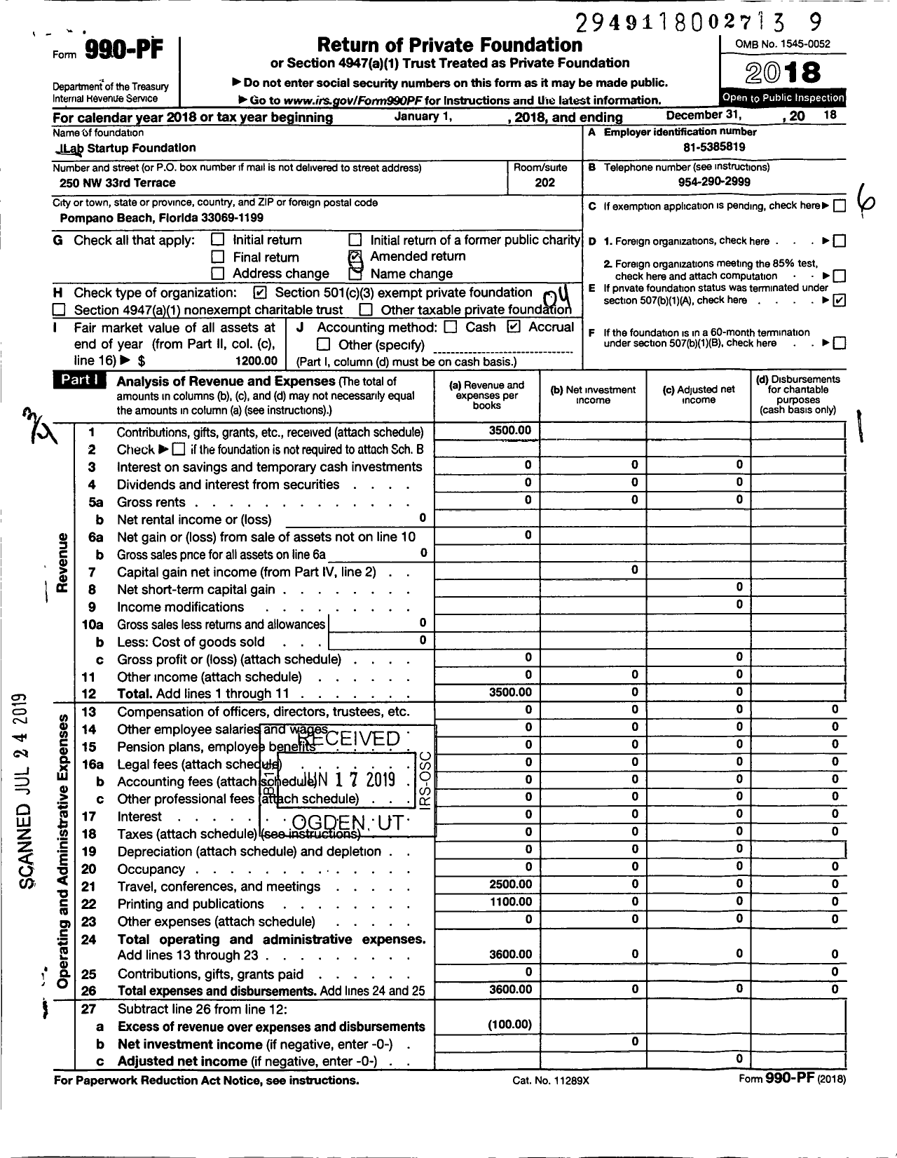 Image of first page of 2018 Form 990PF for Ilab Startup Foundation Corporation