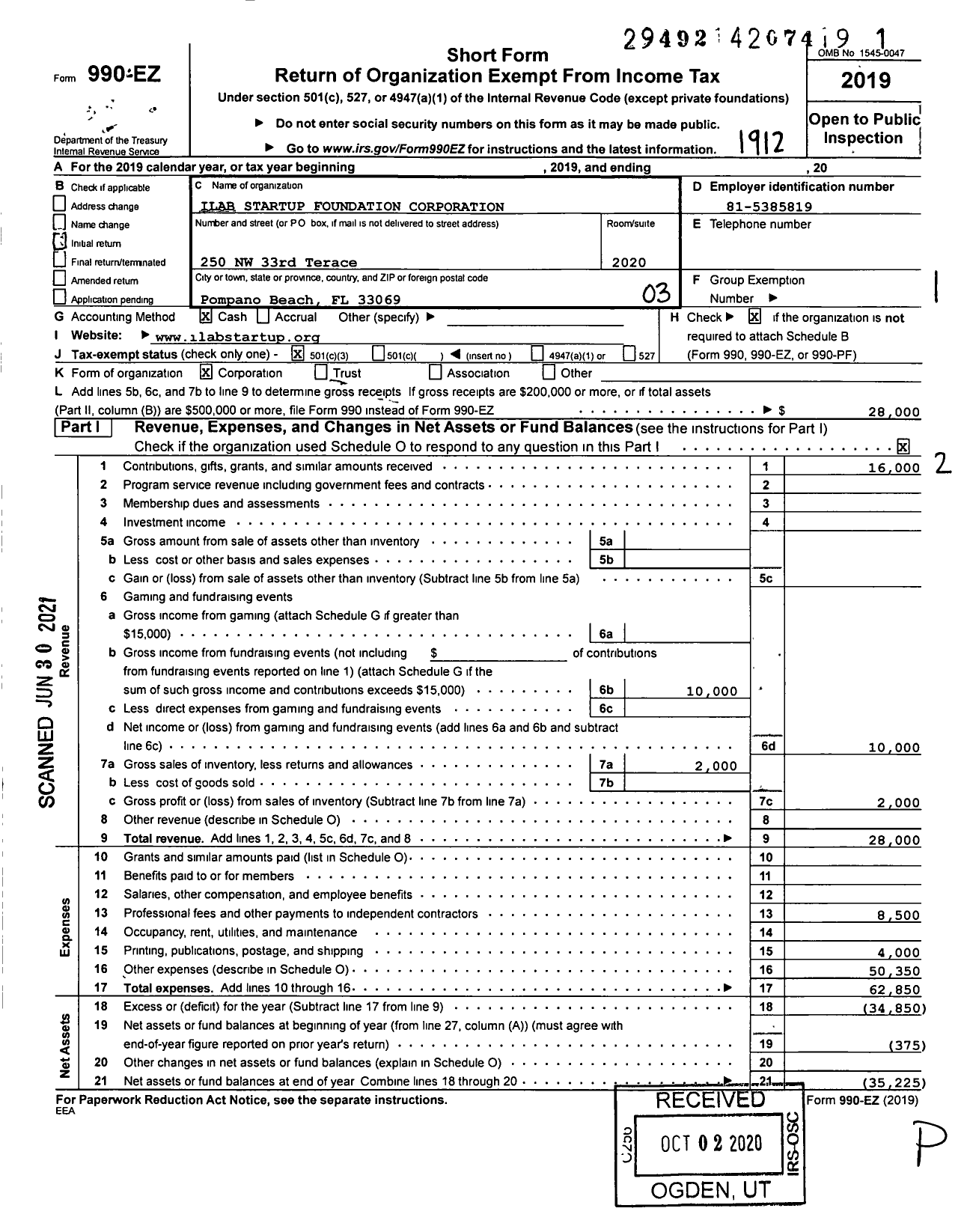 Image of first page of 2019 Form 990EZ for Ilab Startup Foundation Corporation