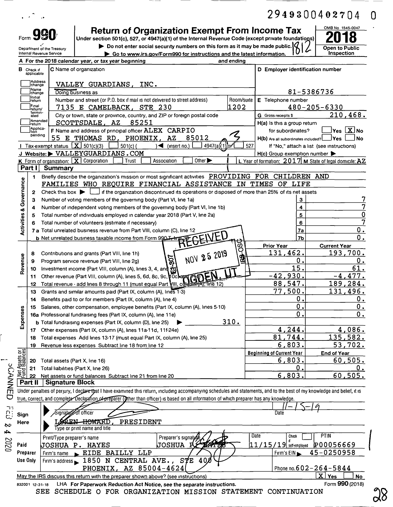 Image of first page of 2018 Form 990 for Valley Guardians