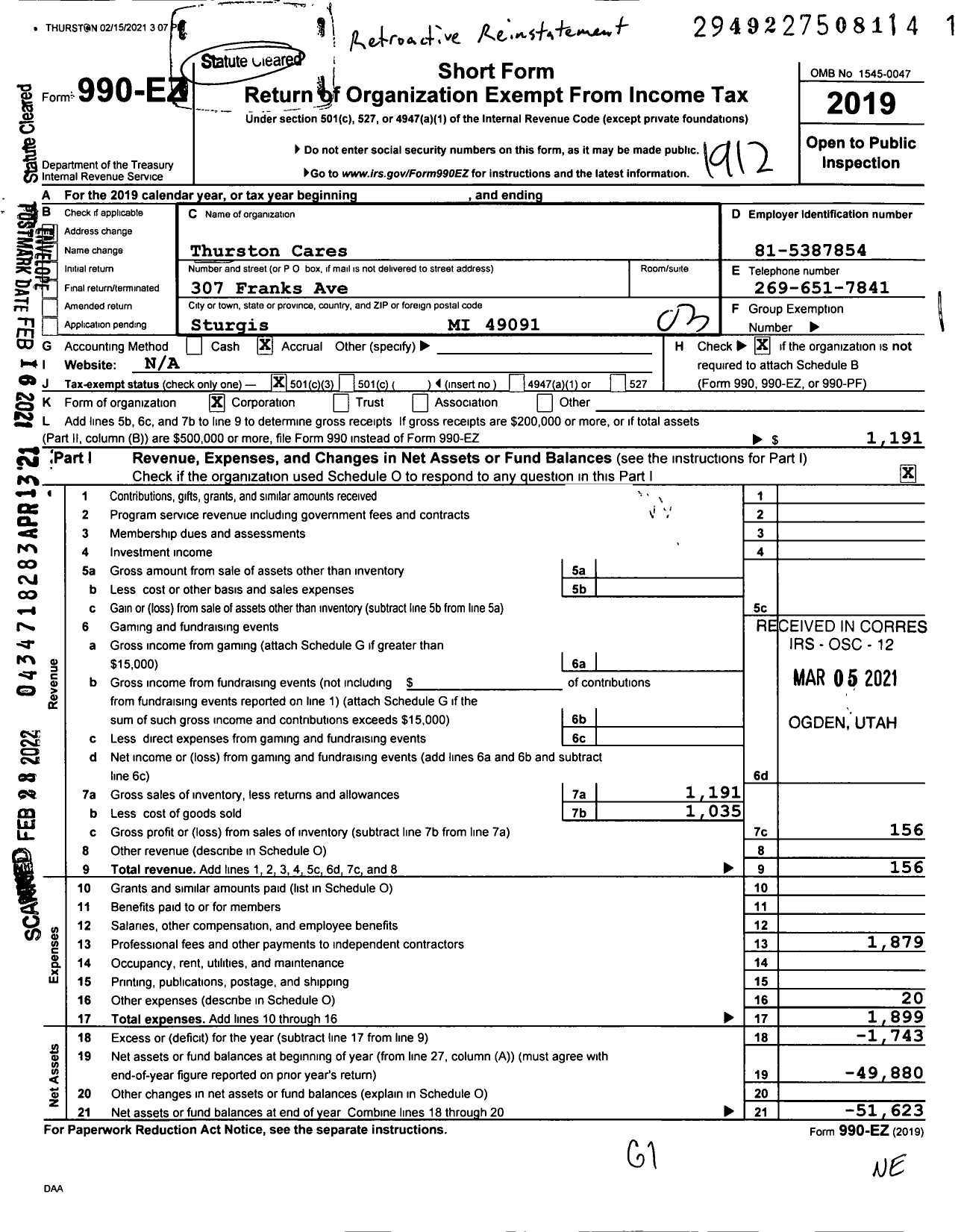 Image of first page of 2019 Form 990EZ for Thurston Cares