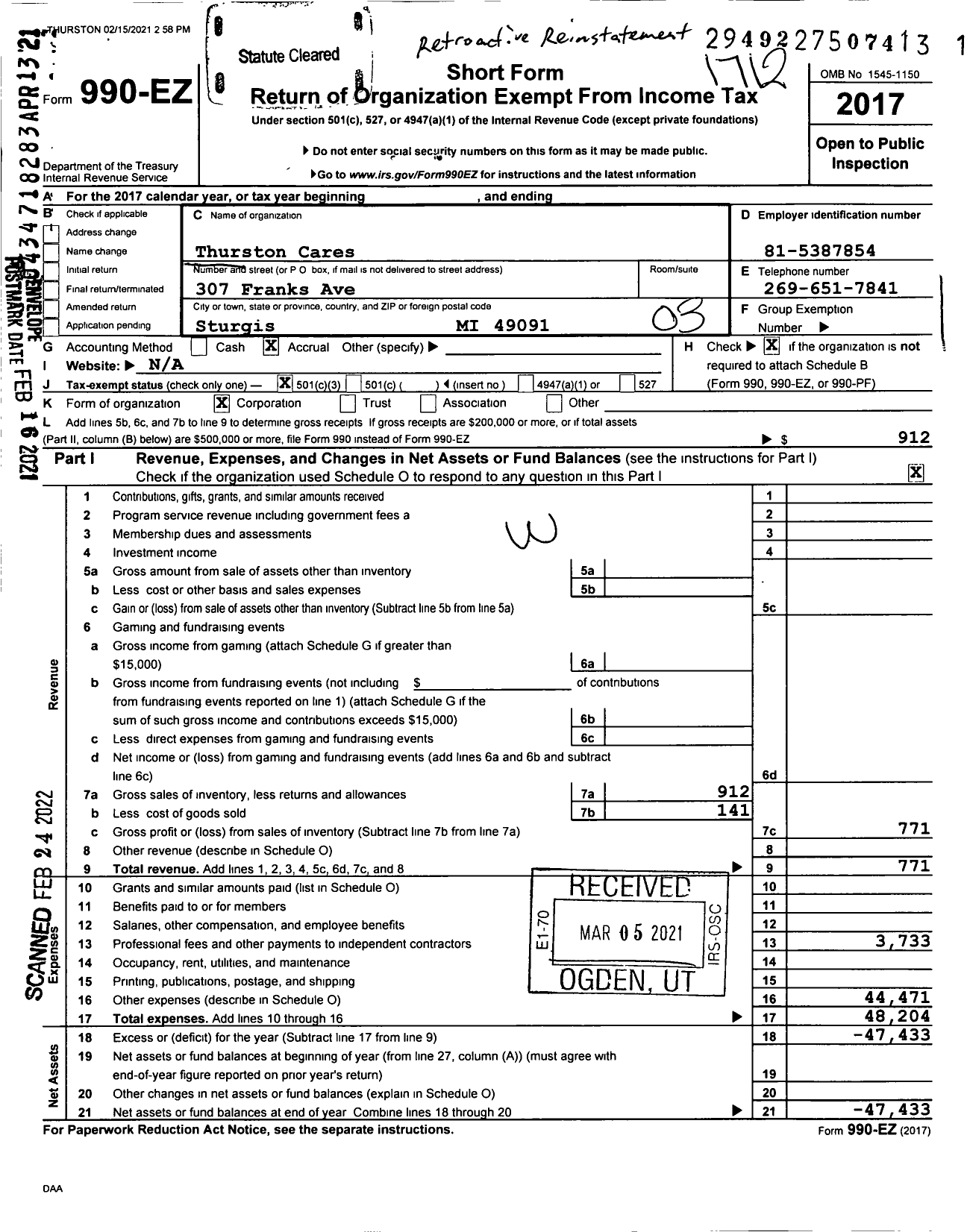 Image of first page of 2017 Form 990EZ for Thurston Cares