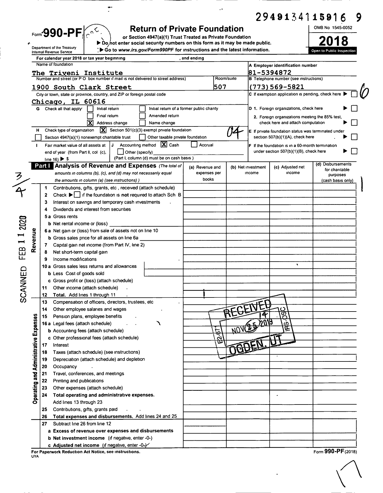 Image of first page of 2018 Form 990PF for Triveni Institute