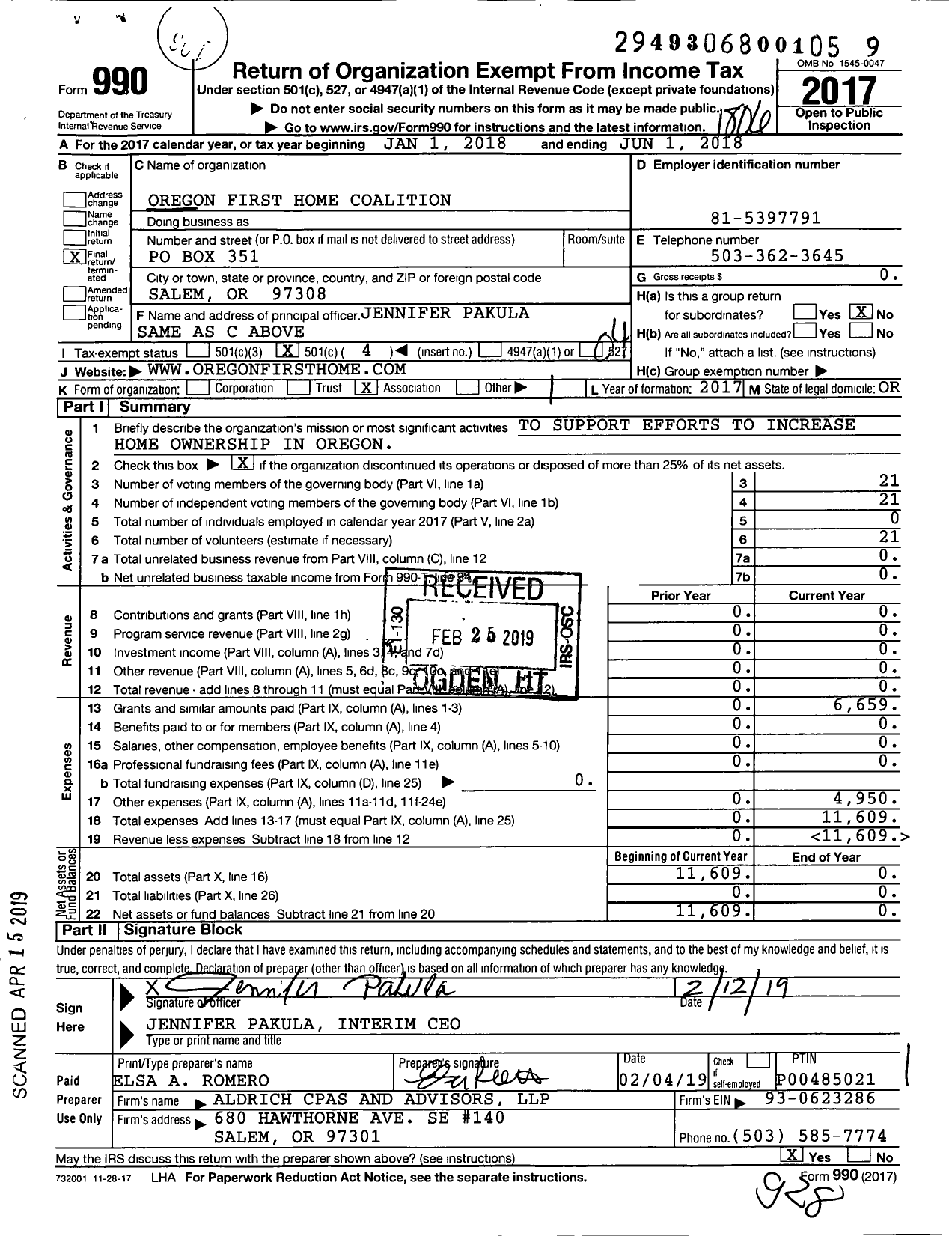 Image of first page of 2017 Form 990O for Oregon First Home Coalition