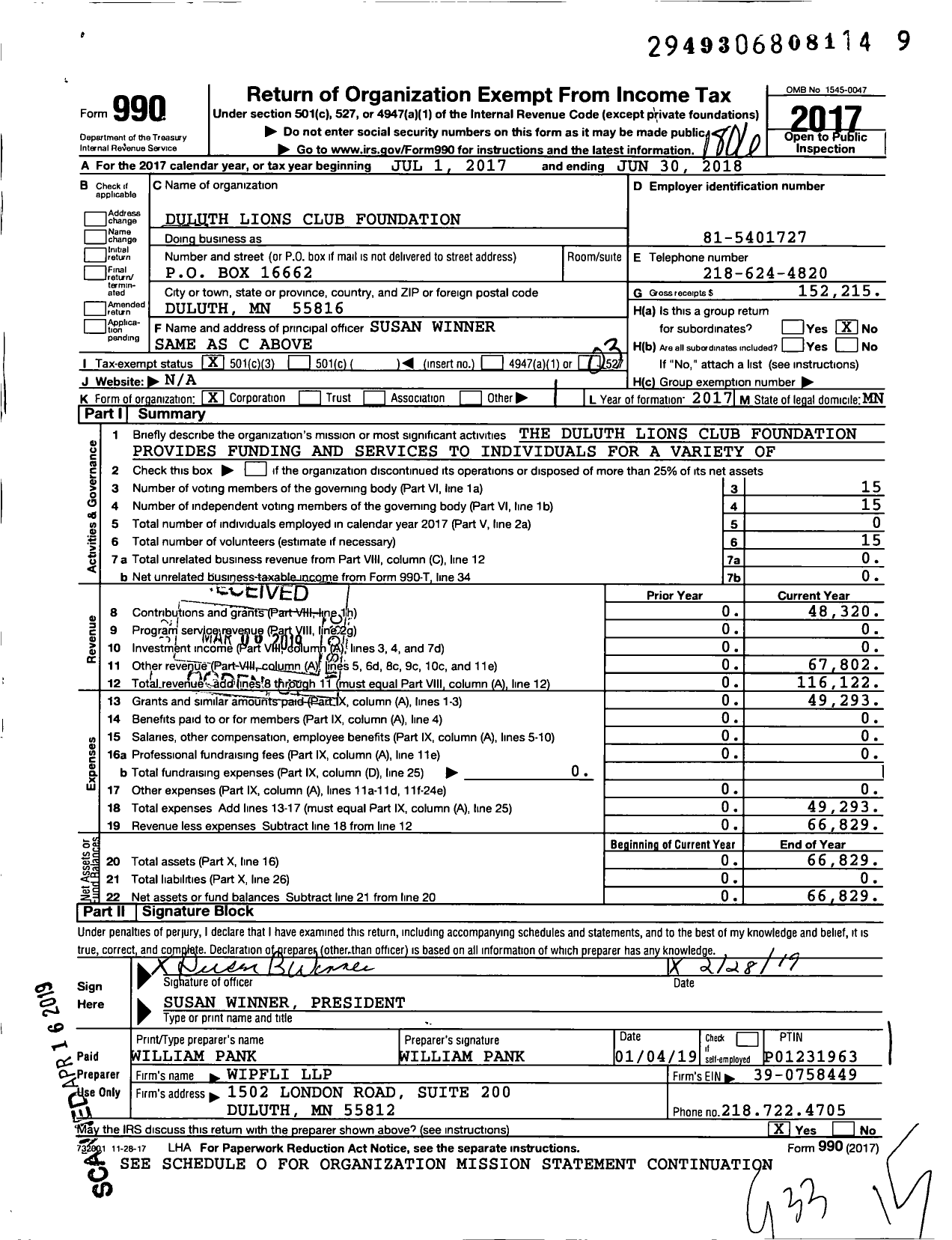 Image of first page of 2017 Form 990 for Duluth Lions Club Foundation