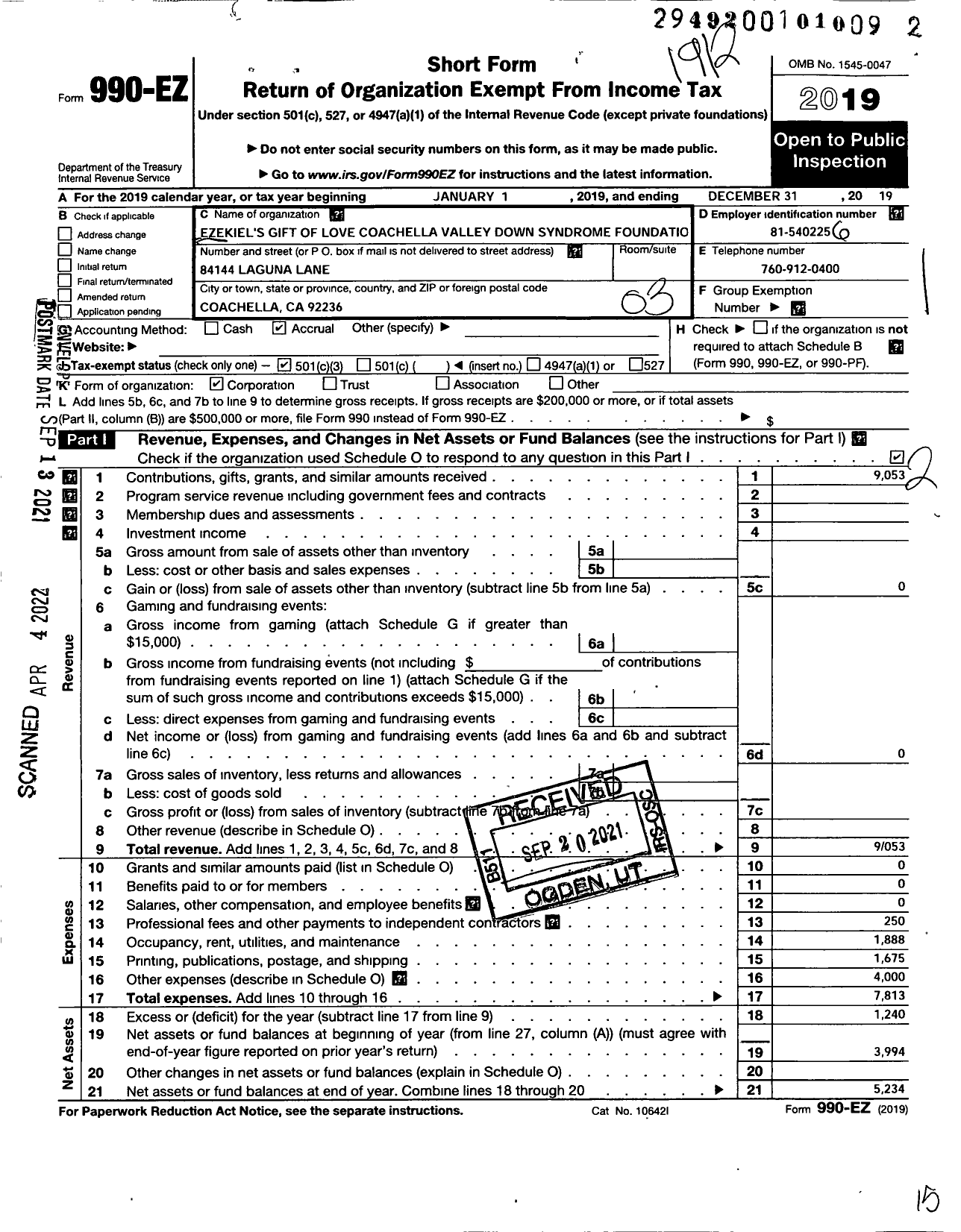 Image of first page of 2019 Form 990EZ for Ezekiel's Gift of Love Coachella Valley Down Syndrome Foudation