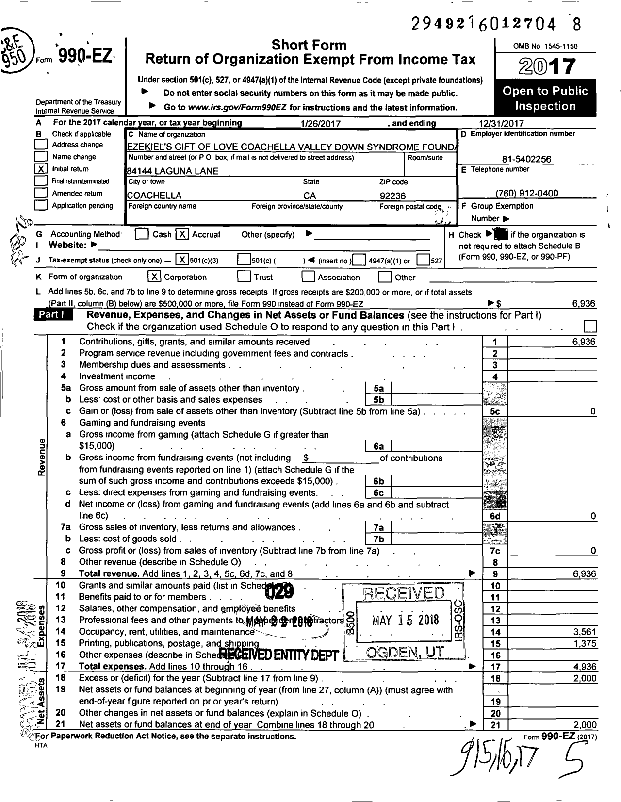 Image of first page of 2017 Form 990EO for Ezekiel's Gift of Love Coachella Valley Down Syndrome Foudation