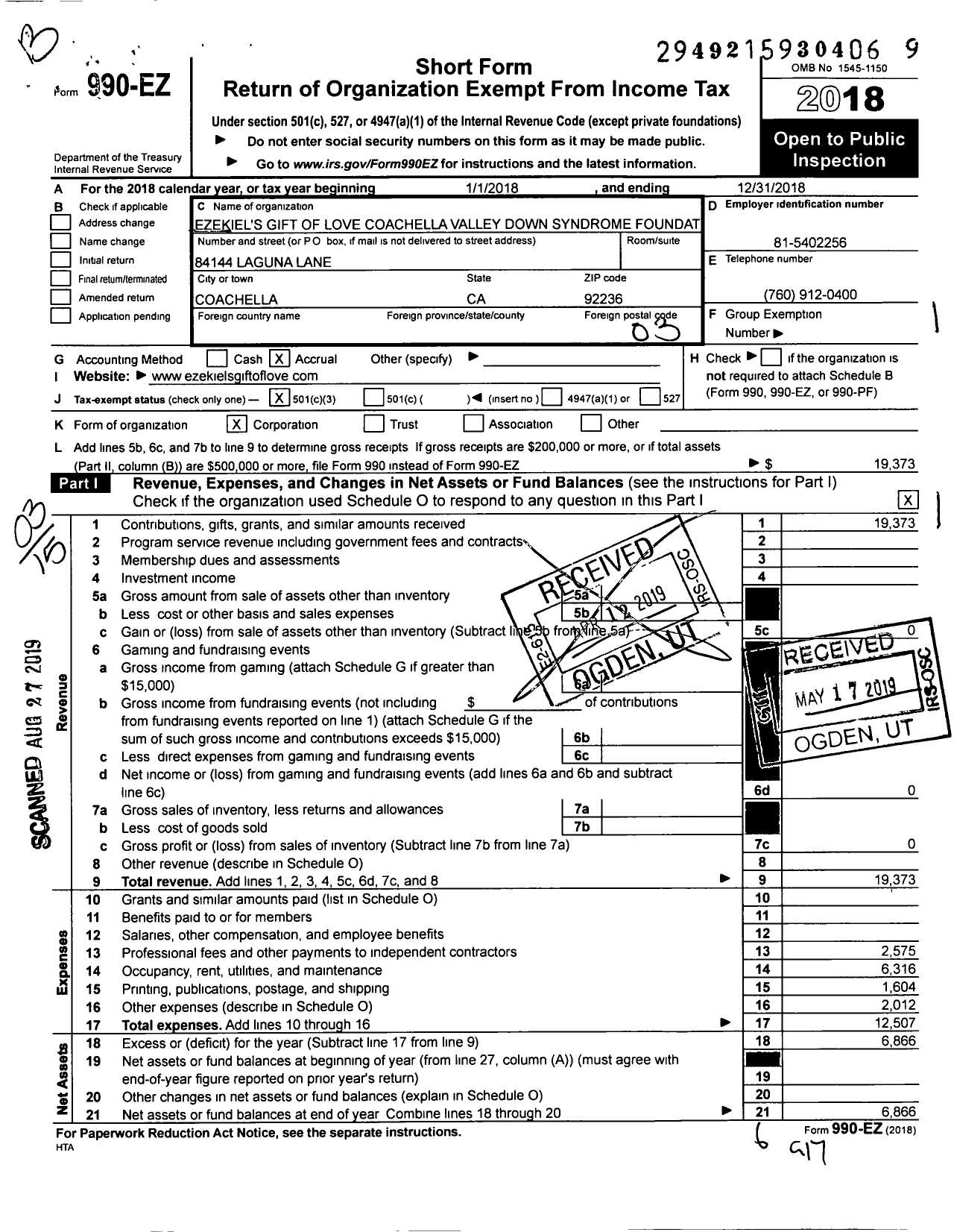 Image of first page of 2018 Form 990EZ for Ezekiel's Gift of Love Coachella Valley Down Syndrome Foudation