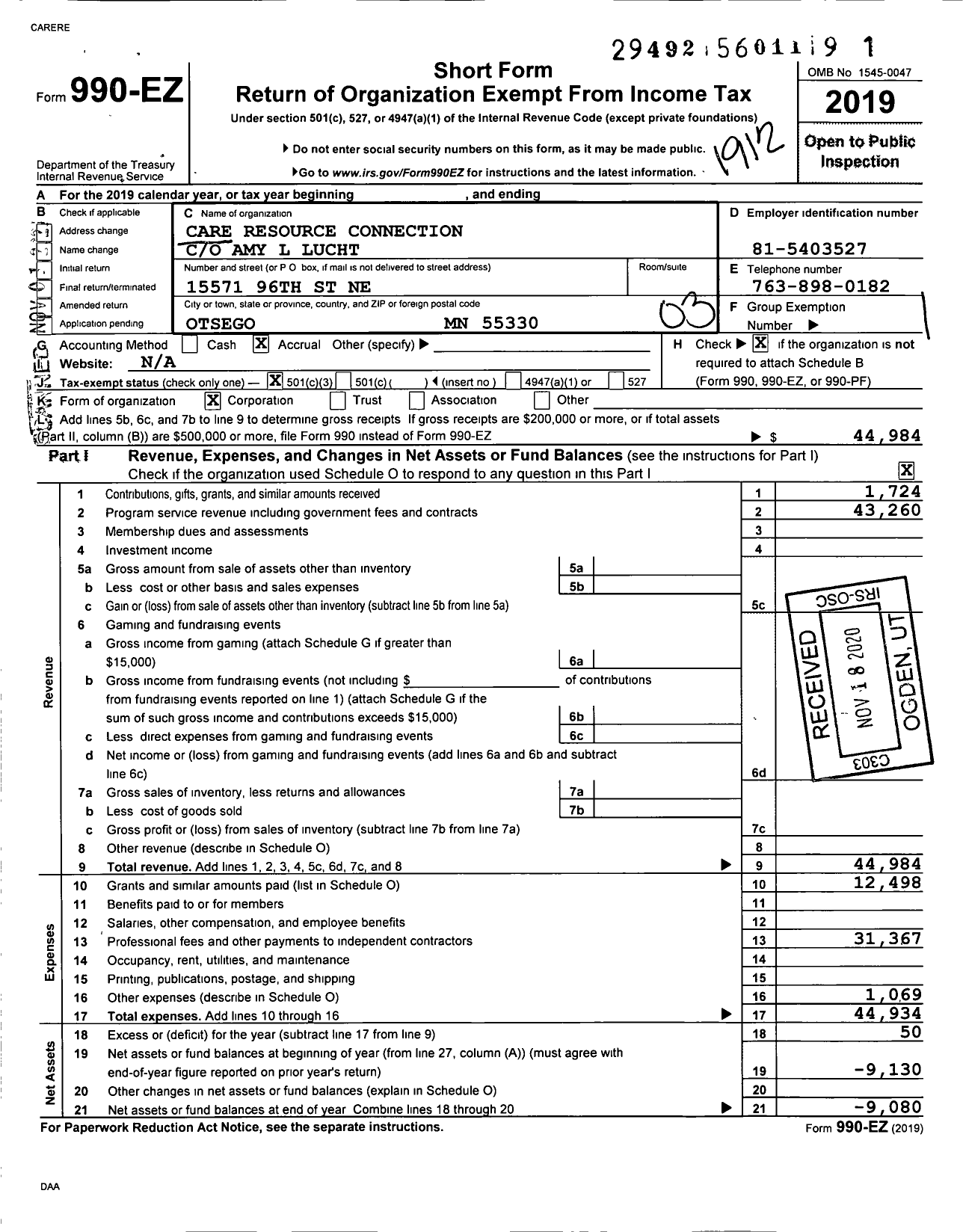 Image of first page of 2019 Form 990EZ for Care Resource Connection