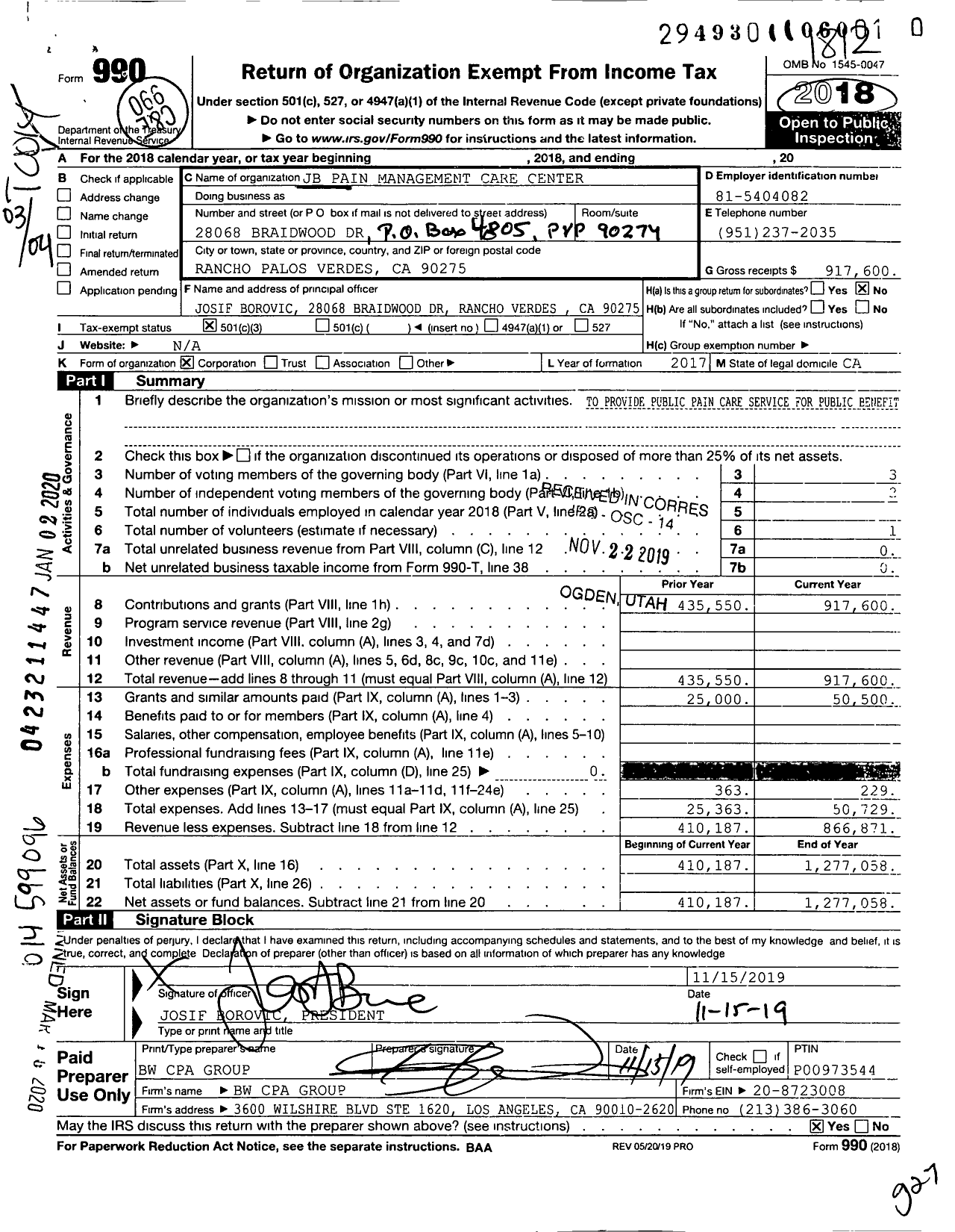 Image of first page of 2018 Form 990 for JB Pain Management Care Center